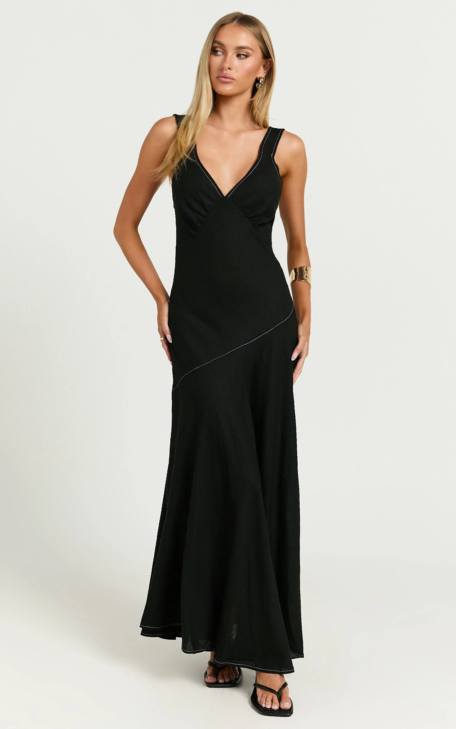 Virgie Maxi Dress - V Neck Drop Waist Dress in Black