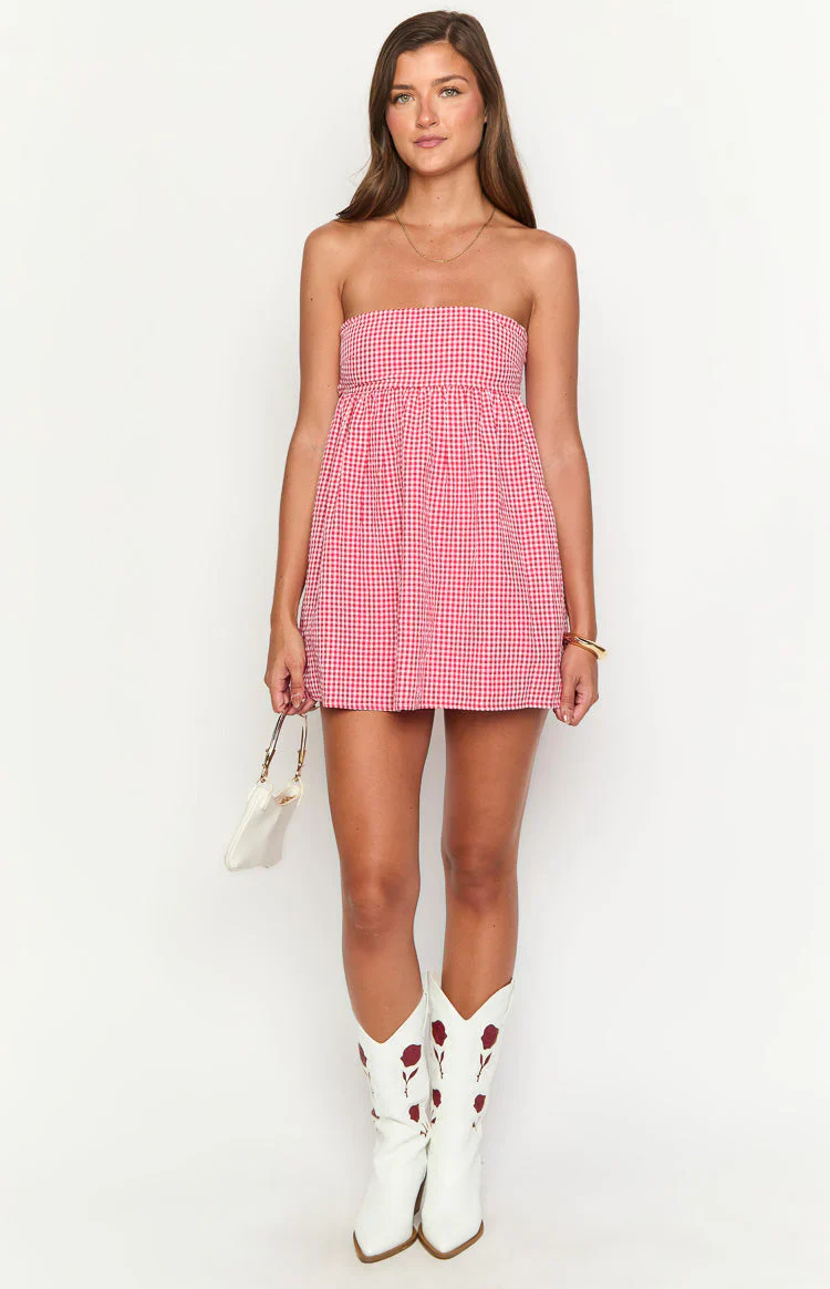 Berrie Red Gingham Strapless Mini Dress