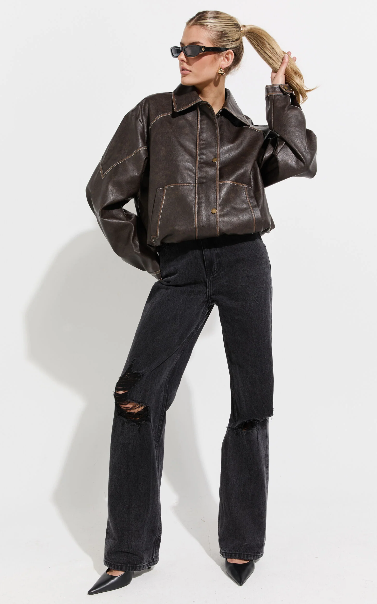 Gail Jacket - Faux Leather Bomber Jacket in Washed Brown