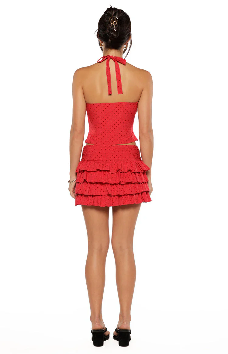 Beau Red Chiffon Polka Dot Halter Neck Top