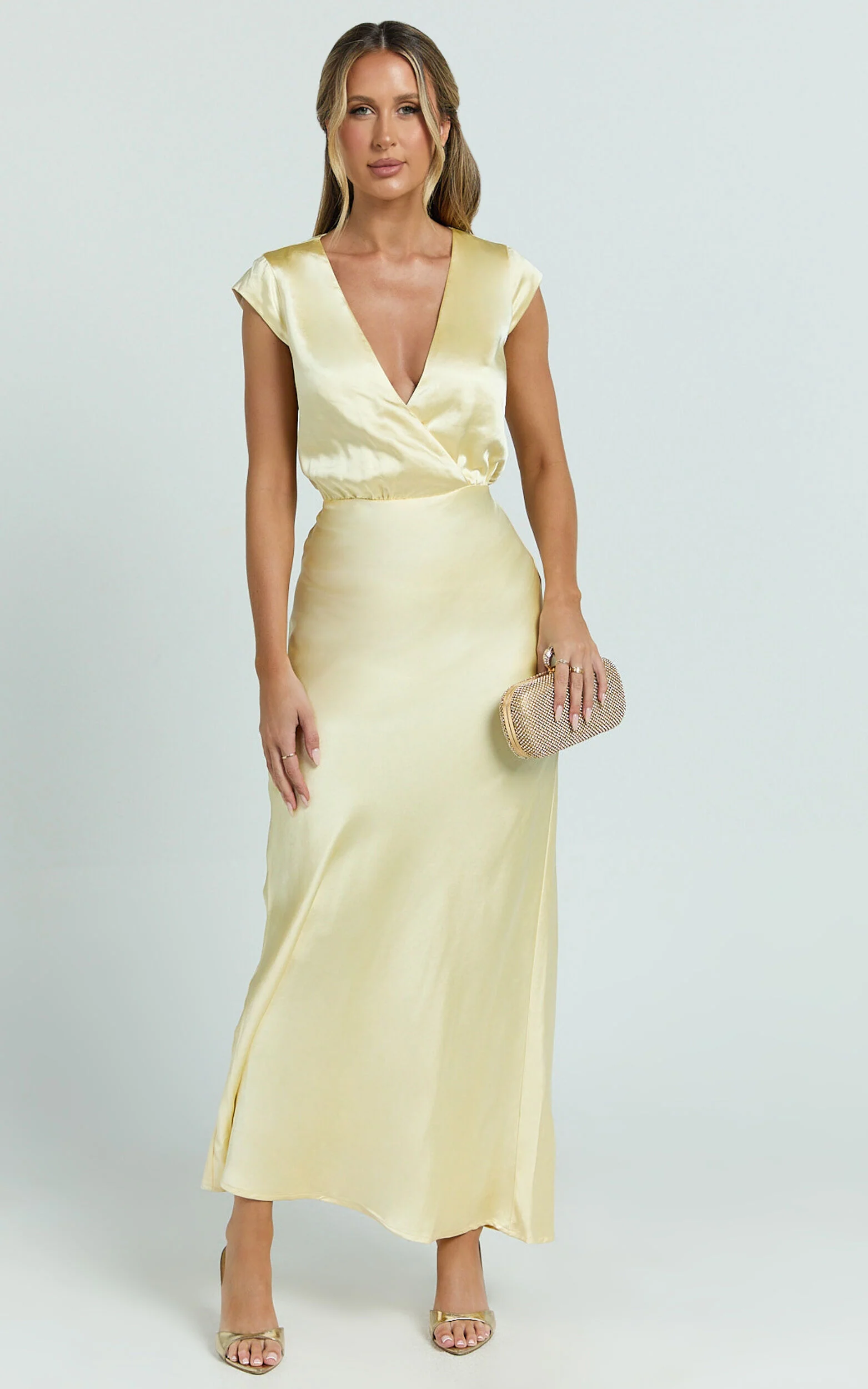Hailey Maxi Dress - Cap Sleeve V Neck Dress in Lemon