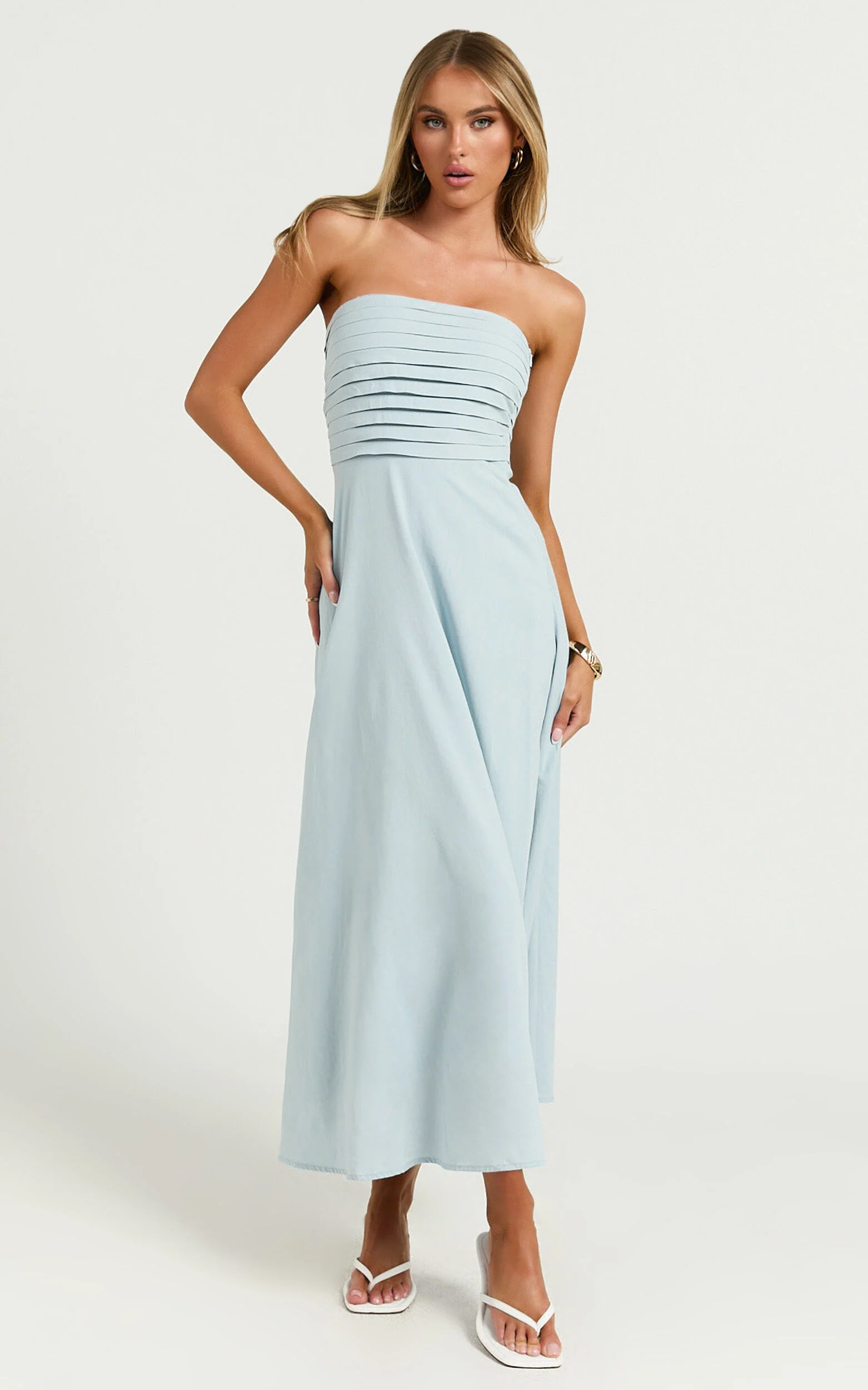 Barbra Midi Dress - Strapless Ruched Bodice Dress in Blue