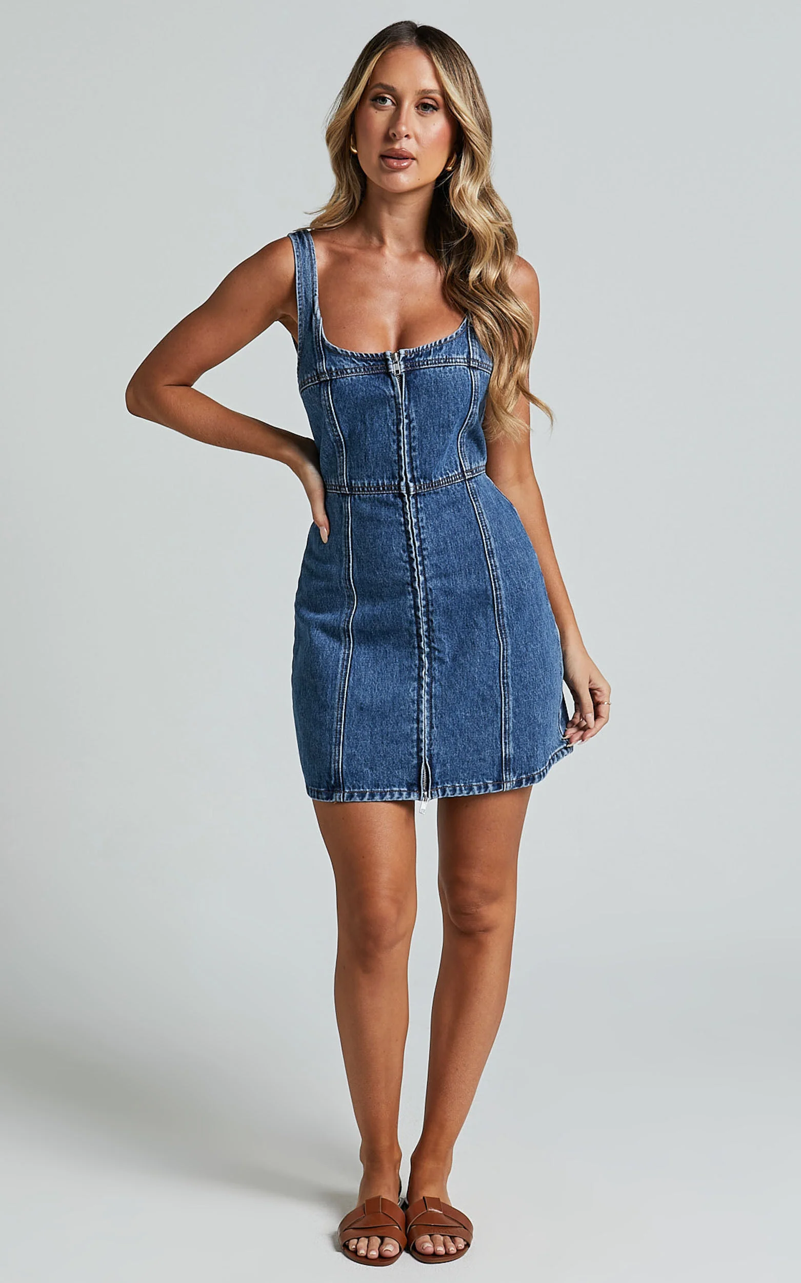 Chrysoula Mini Dress - Square Neck Zip Front Sleeveless Bodycon Denim in Mid Blue Wash