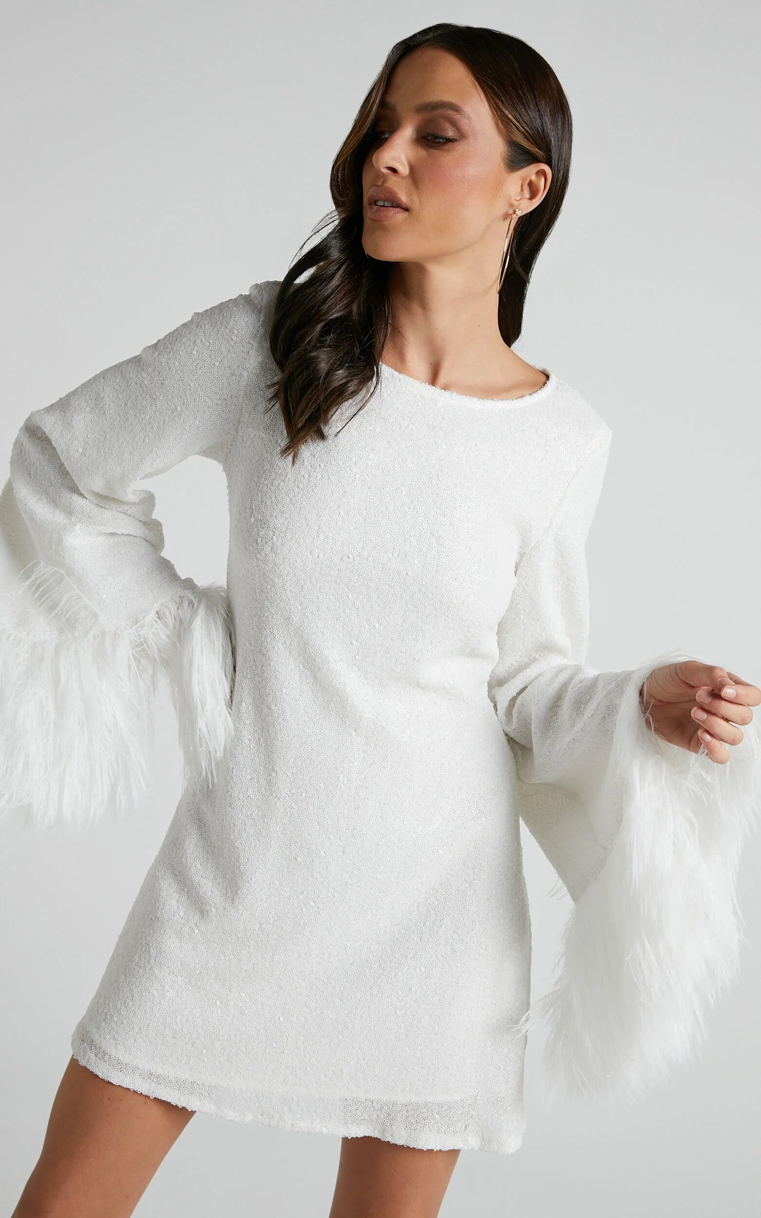 Rowella Mini Dress - Faux Feather Bell Sleeve Dress in White