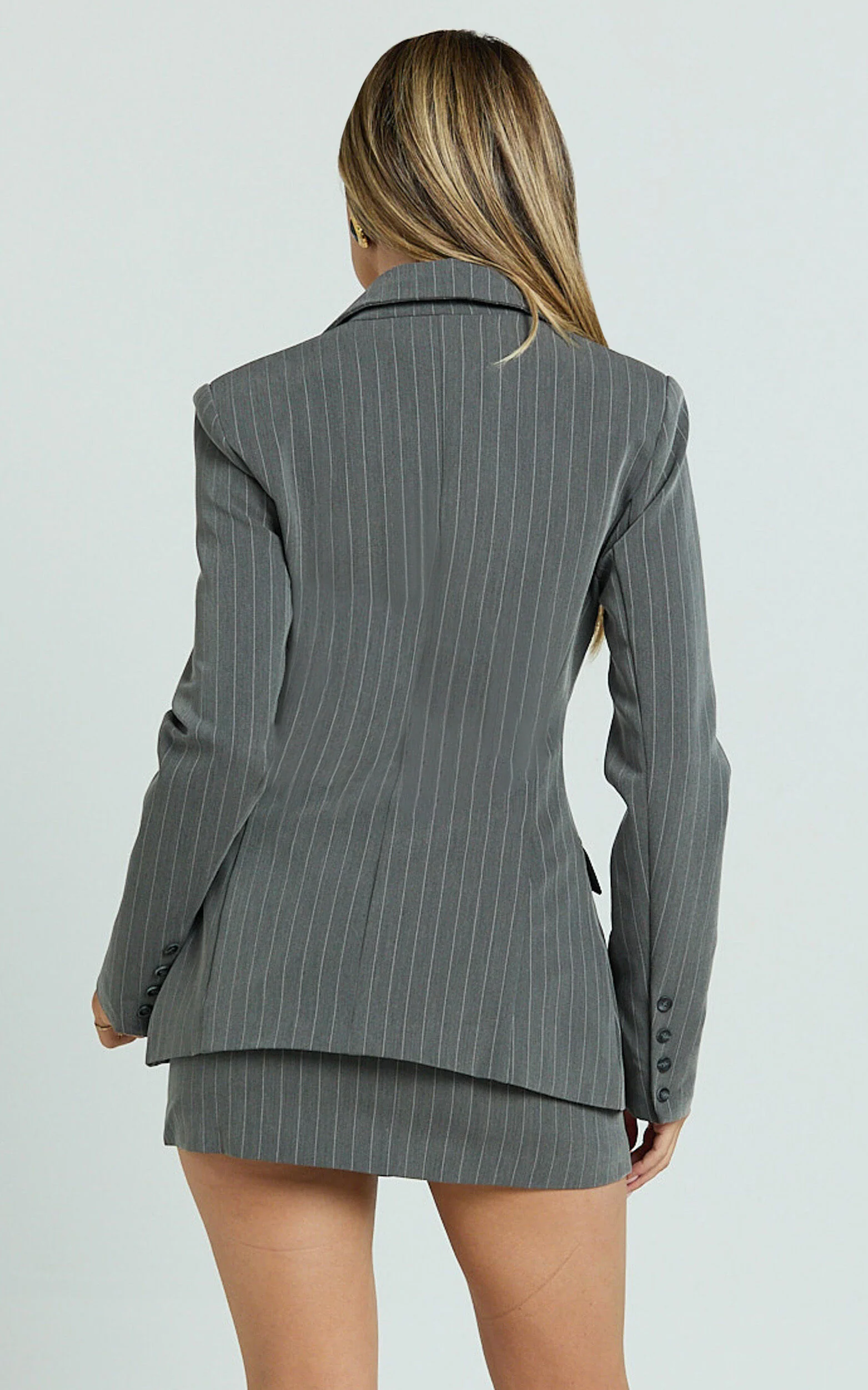 Fiona Blazer - Pinstripe Fitted Hourglass Triple Button Blazer in Dark Grey