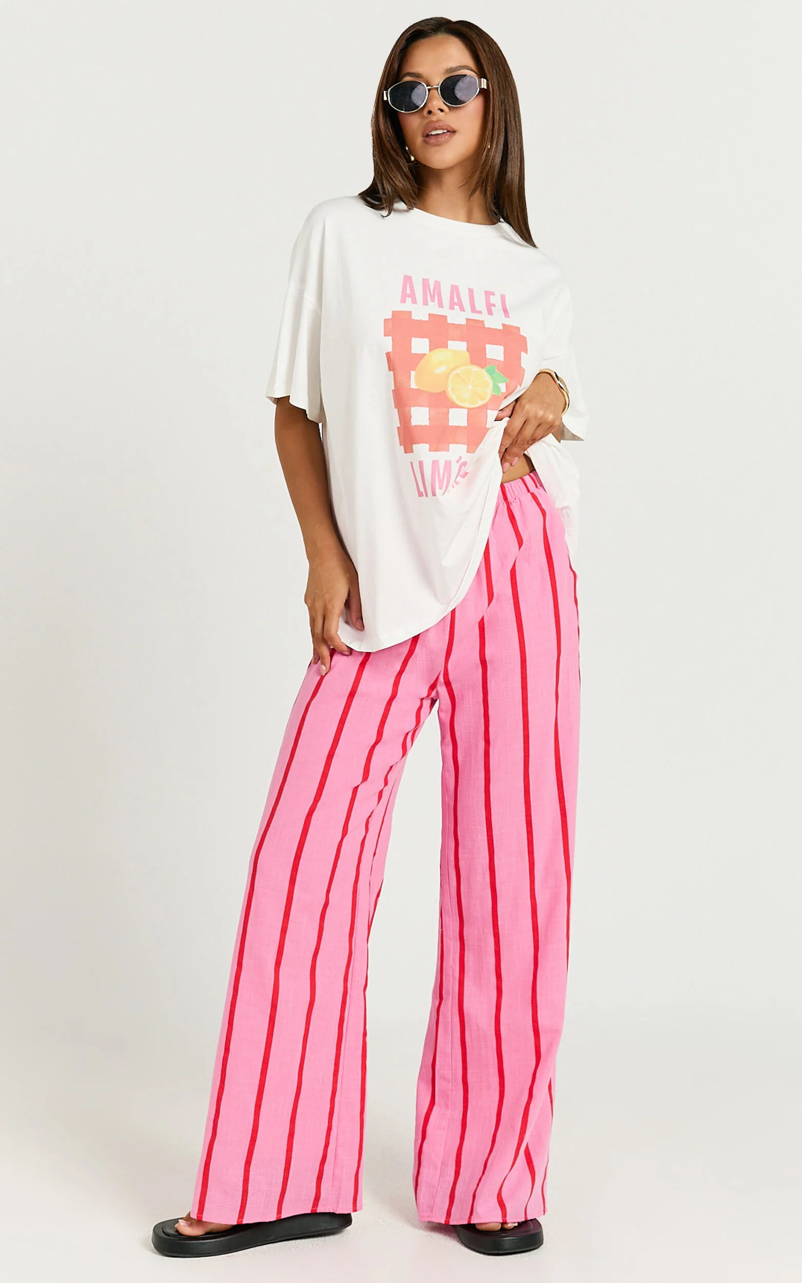 Gladiola Two Piece Set - Amalfi Limone Oversized Tee and Stripe Pant Set in Pink/Red