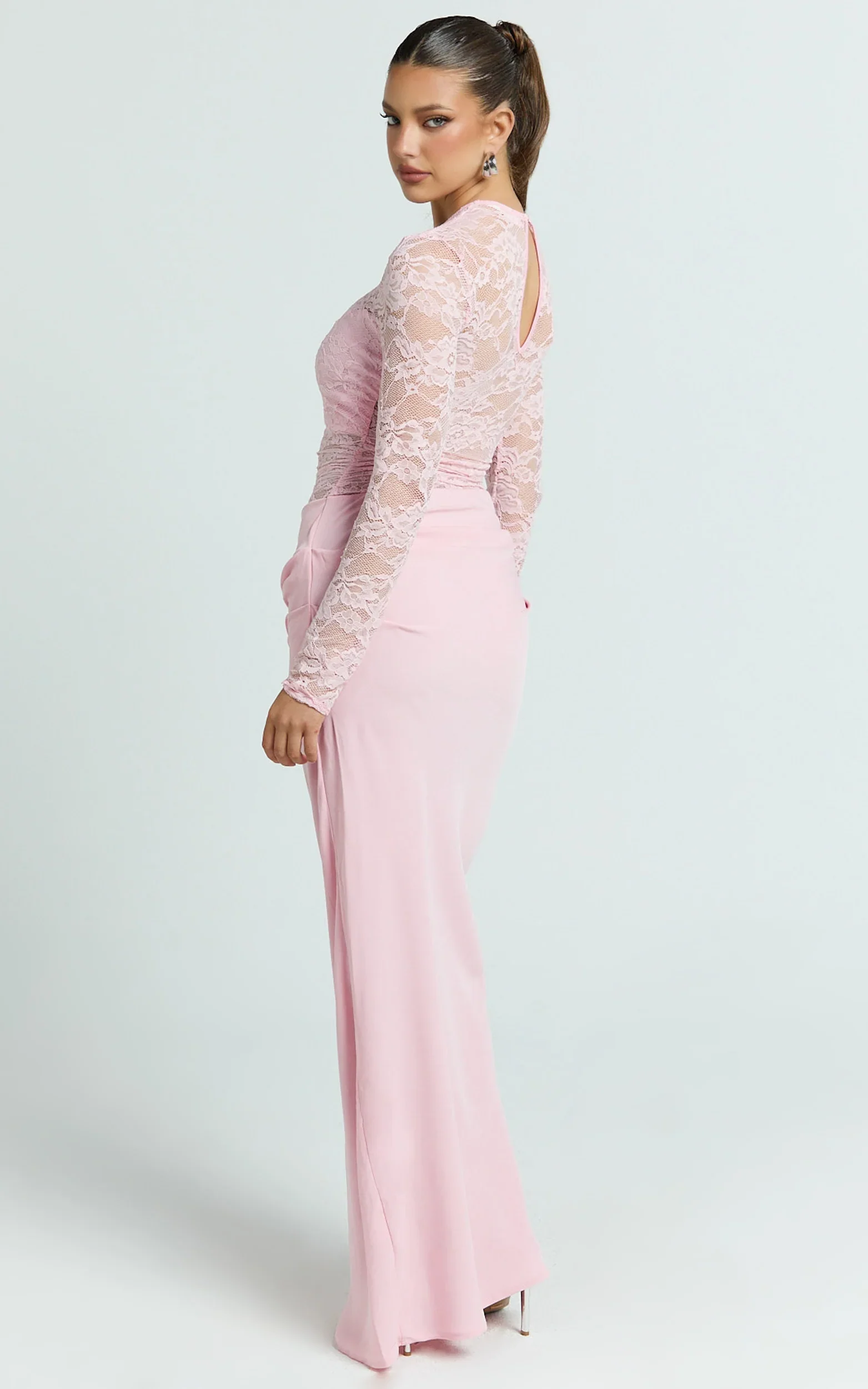 Crisanta Maxi Dress - Long Sleeve Contrast Lace Bodycon Dress in Pink