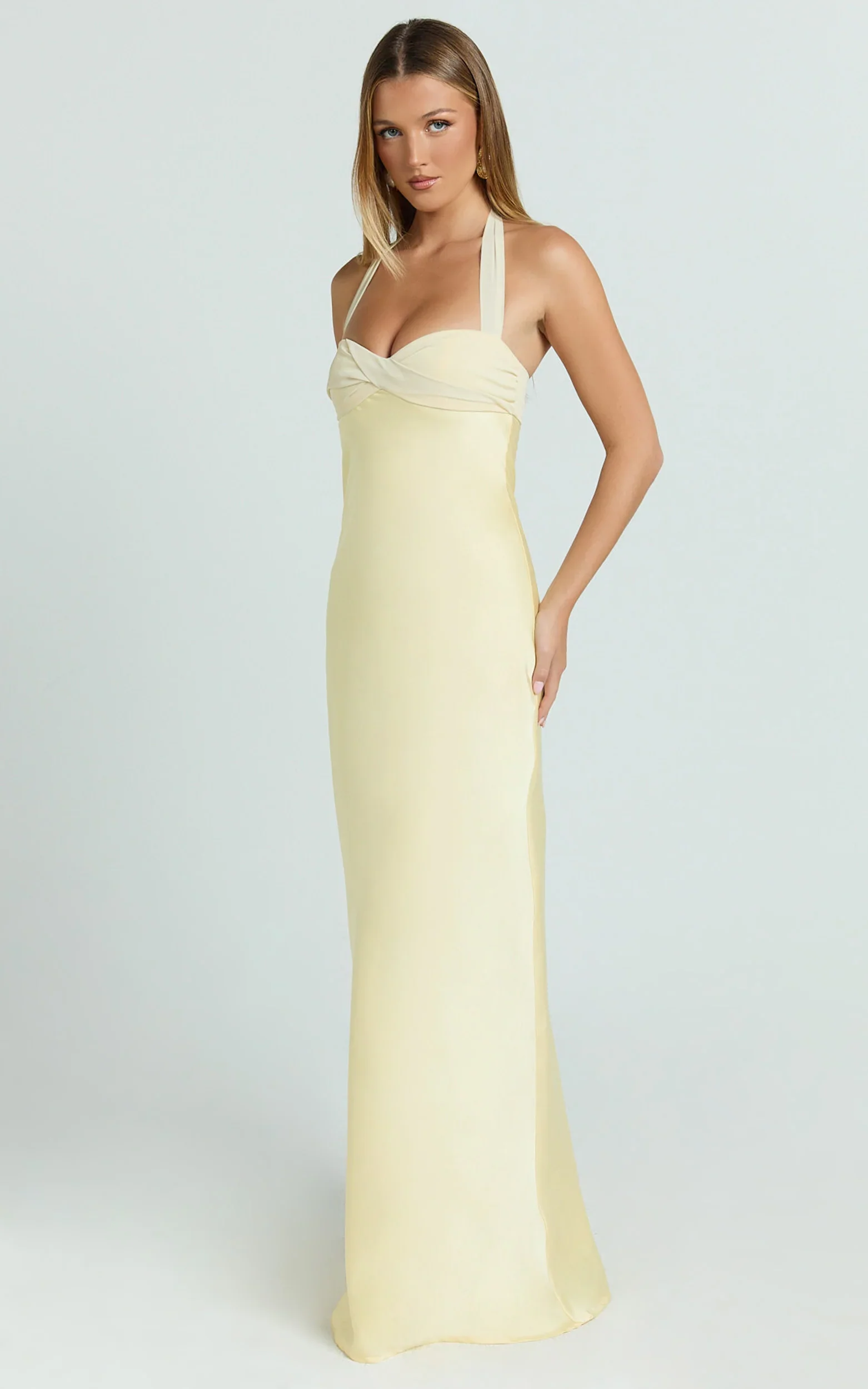 Flynn Maxi Dress - Satin Halter Sweetheart Neck Dress in Butter Yellow
