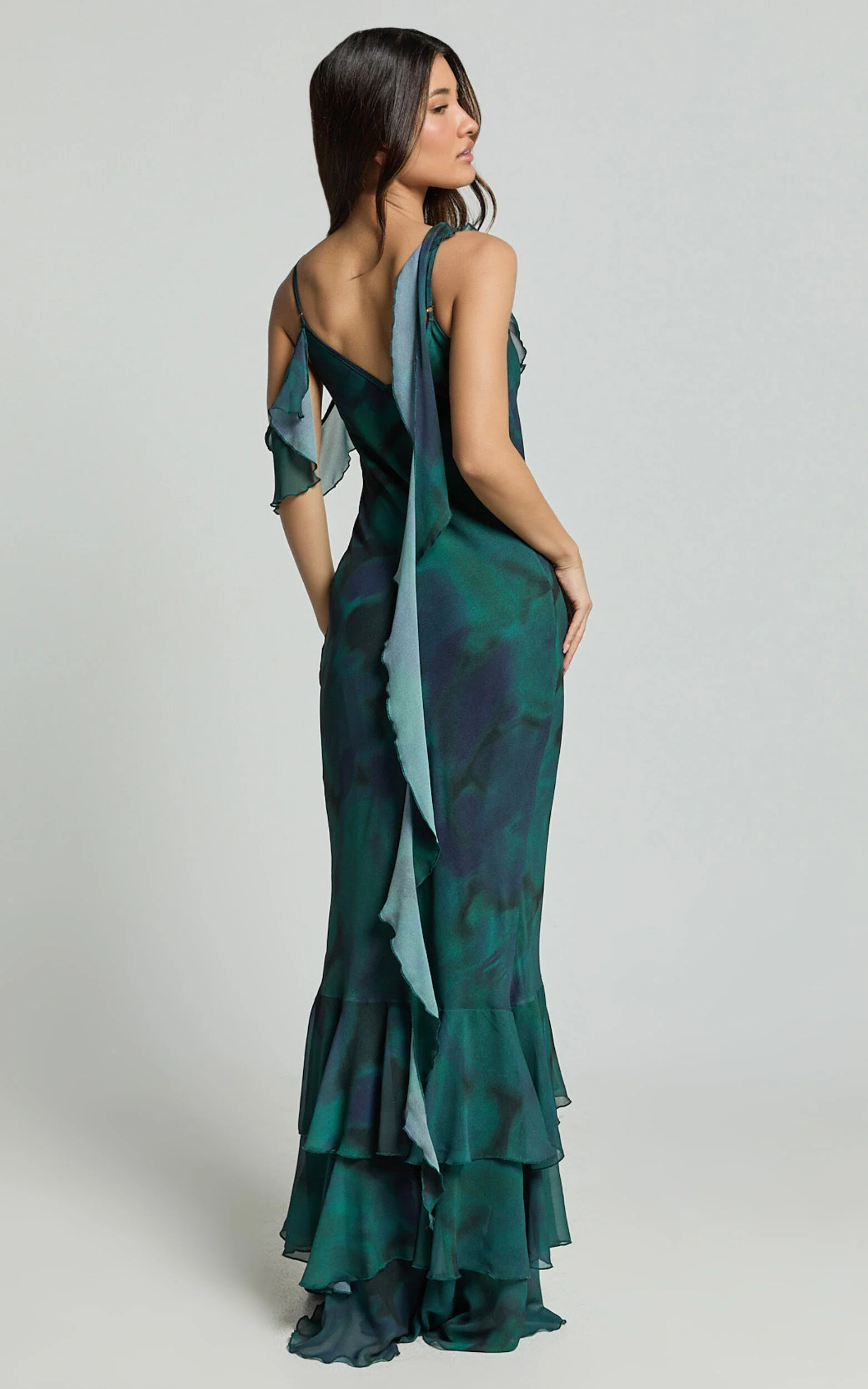 Riley Maxi Dress - Asymmetric Ruffle Detail Maxi Dress in Moss Adeana