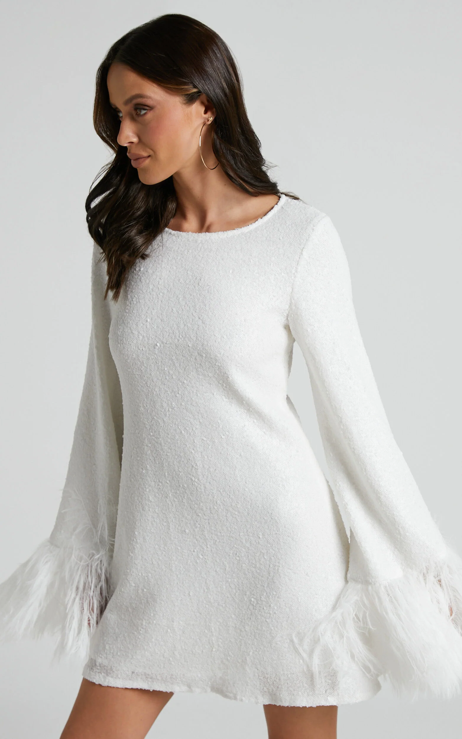 Rowella Mini Dress - Faux Feather Bell Sleeve Dress in White