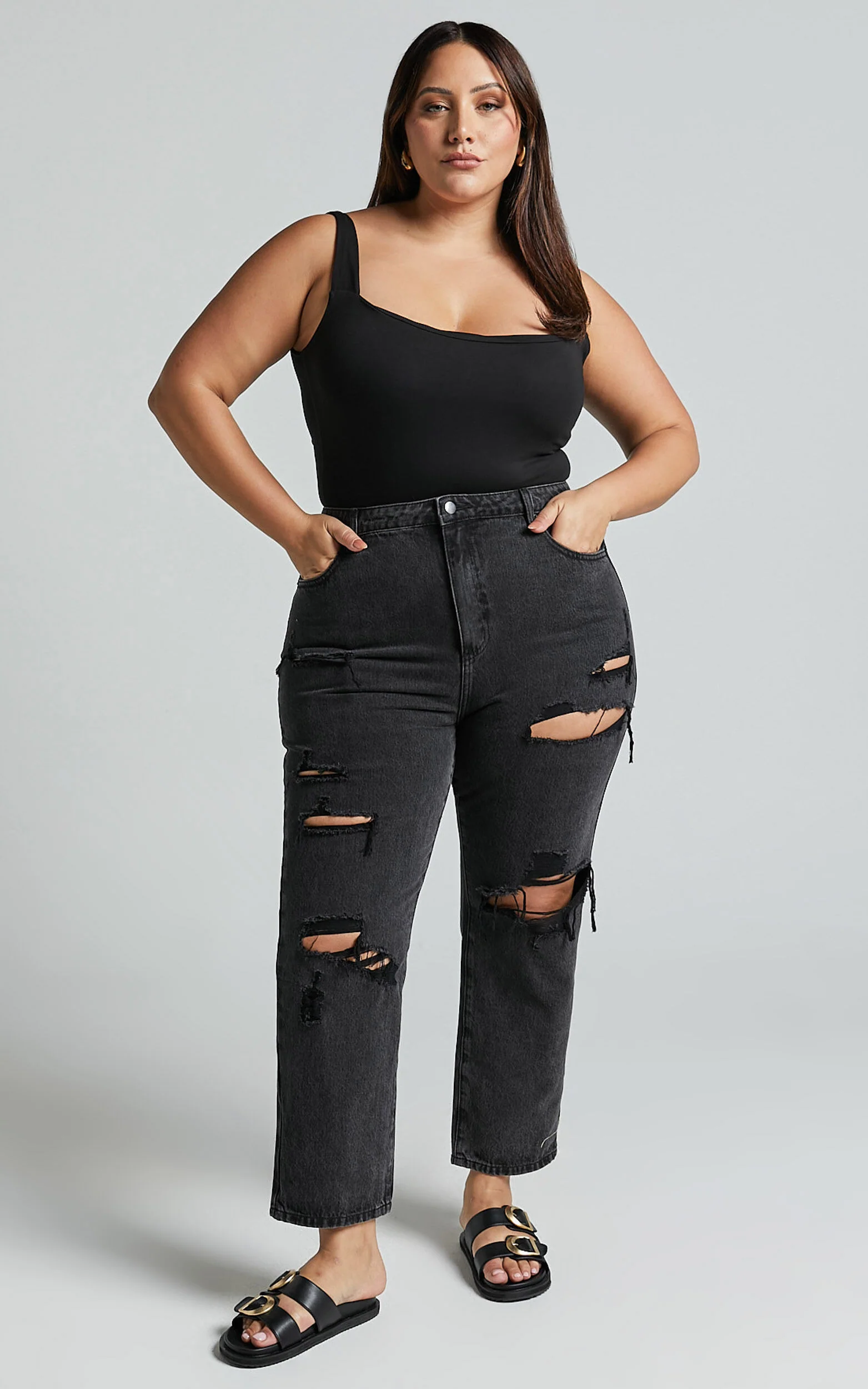 Billie Jeans - High Waisted Cotton Distressed Mom Denim Jeans in Black Wash