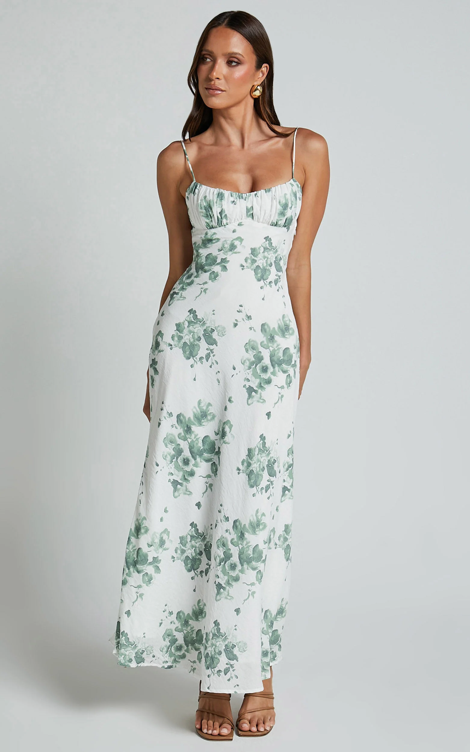 Bettina Midi Dress - Strappy Ruched Bust Slip Dress in Green and White Print