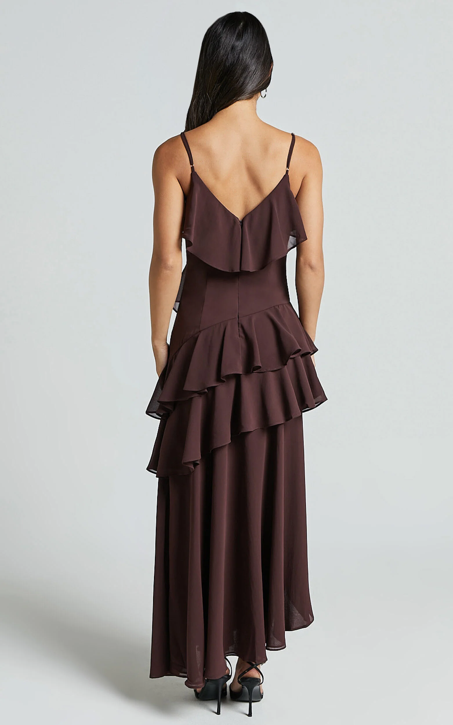 Emily Midi Dress - Strappy Asymmetric Ruffle Dress in Chocolate