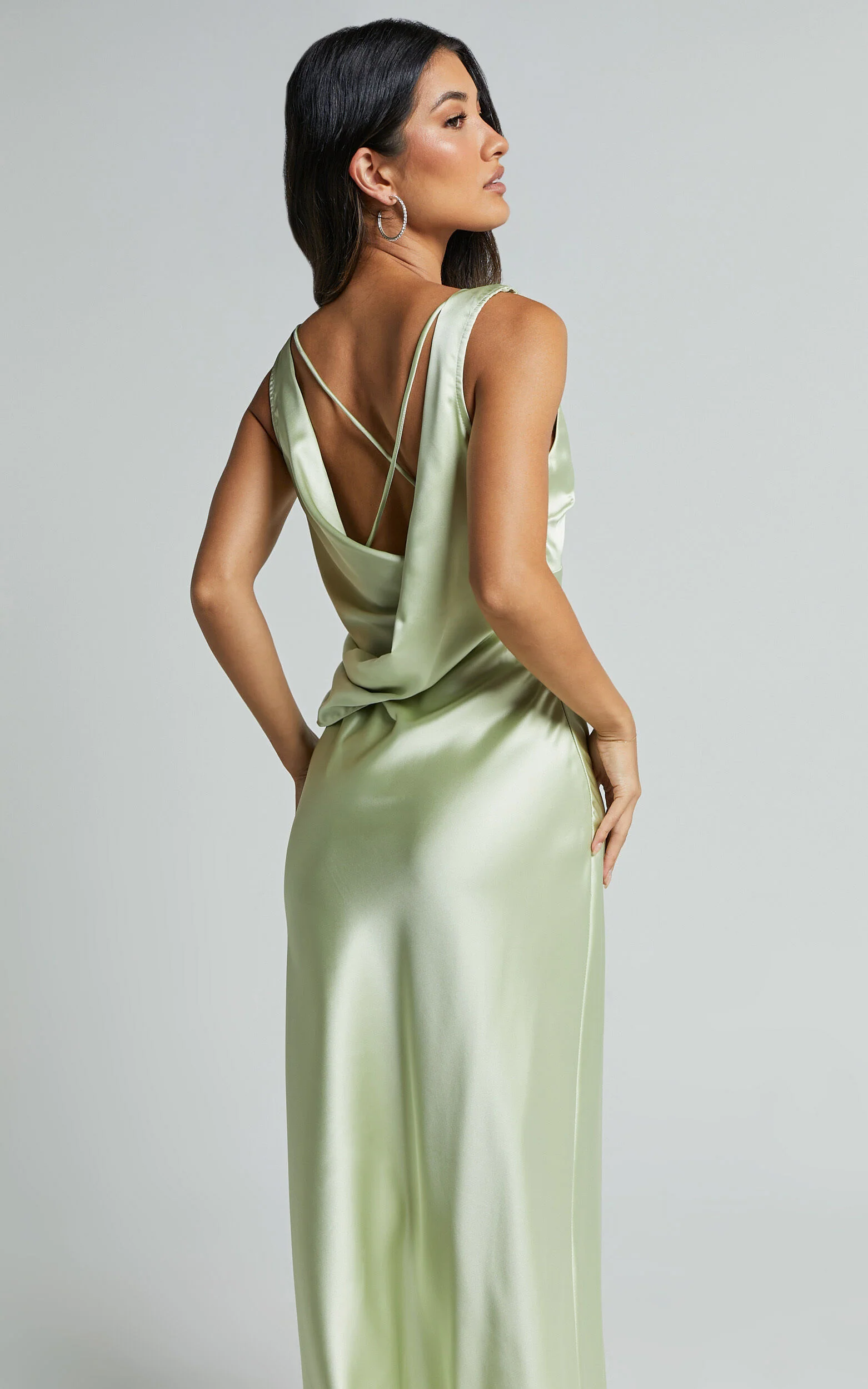 Bettina Midi Dress- Deep V Cross Back Satin Dress in Apple Green