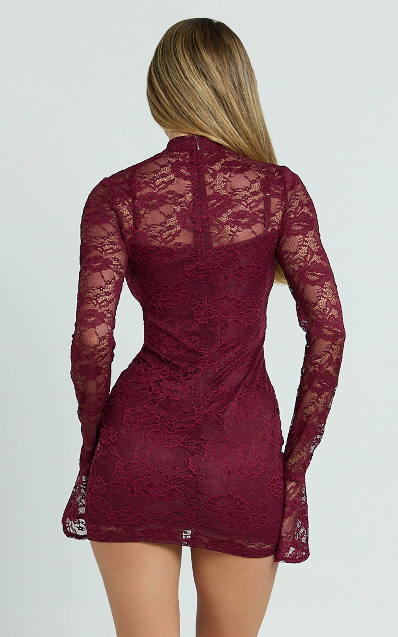 Dexter Mini Dress - Lace Frill Sleeve High Neck Dress in Wine