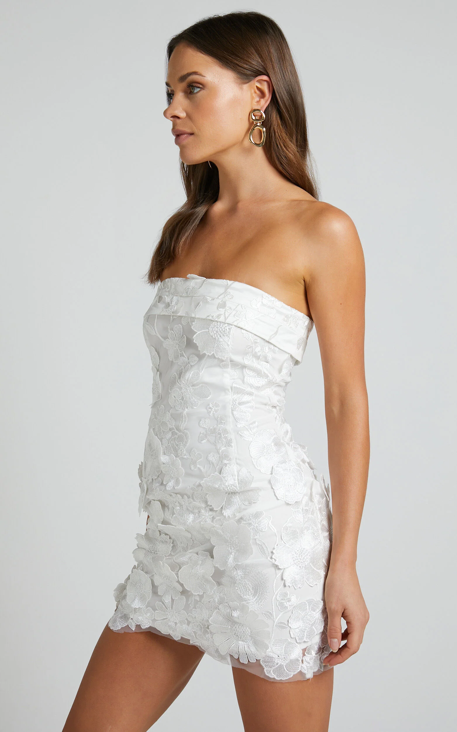 Wren Mini Dress - Strapless Bodycon Garden Flowers Dress in White