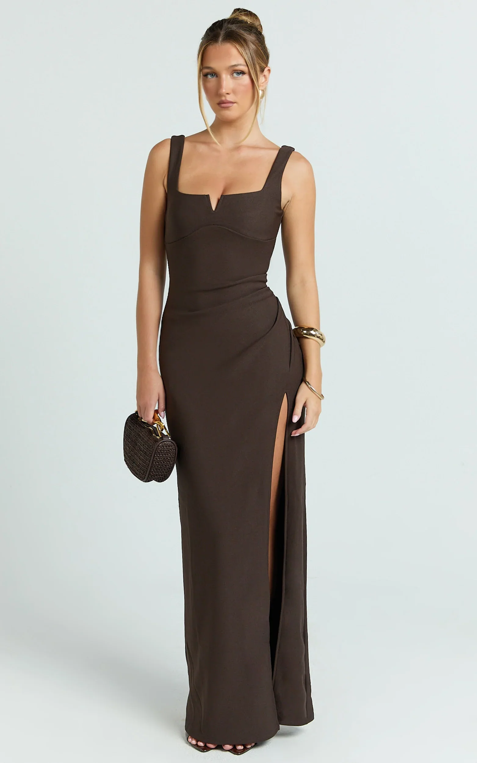Thelma Maxi Dress - Square Neck Bodycon Dress in Chocolate