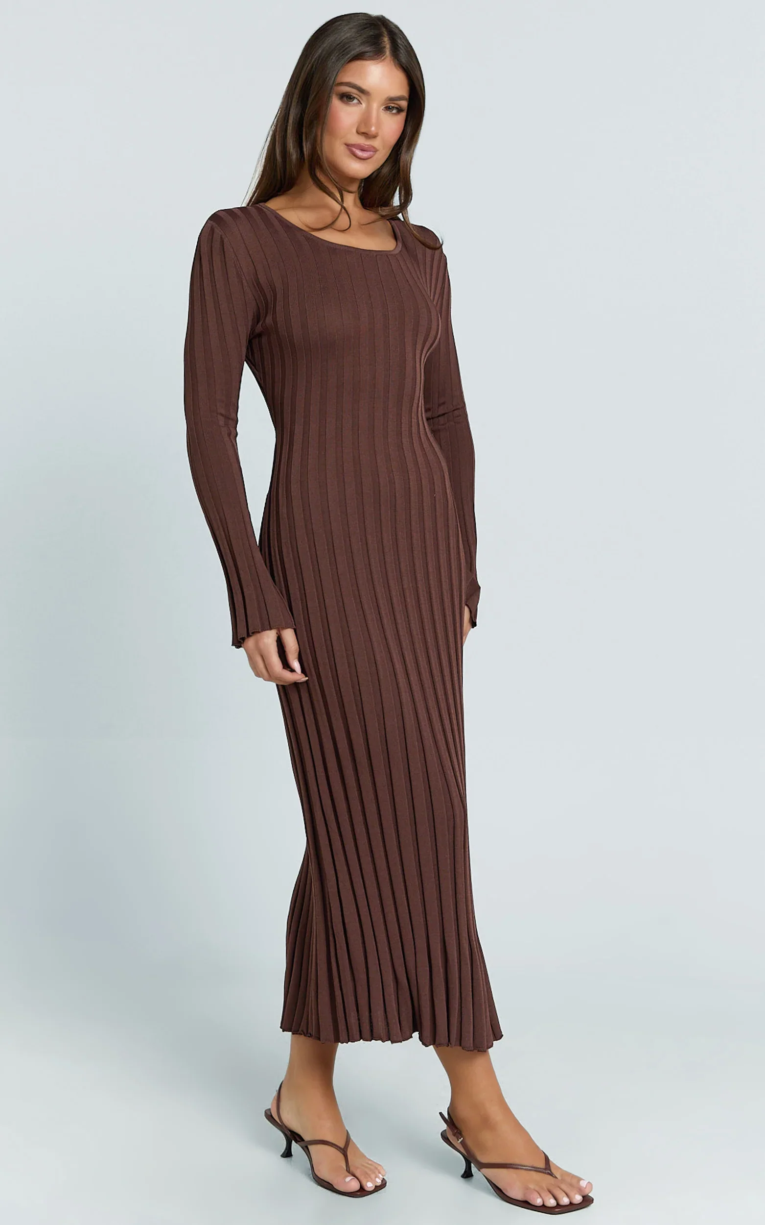 Blaire Midi Dress - Long Sleeve Tie Back Flare Dress in Dark Chocolate