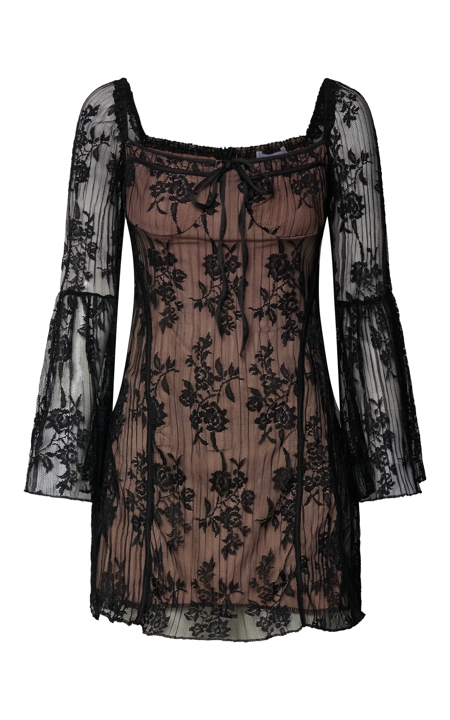 Agatha Mini Dress - Gathered Bust Long Sleeve A Line Dress in Black