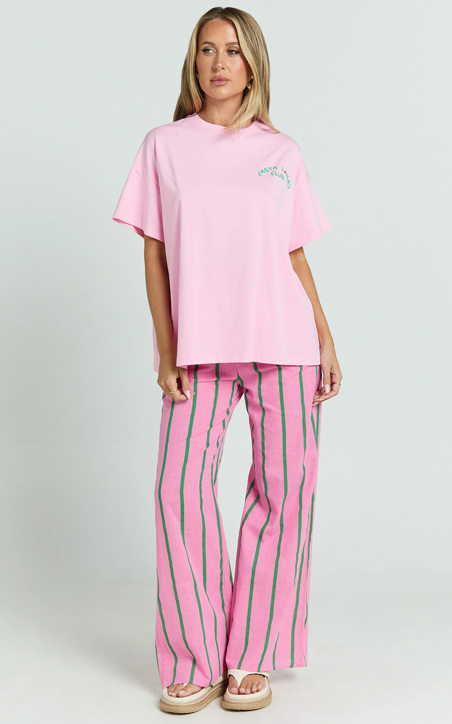 Alda Two Piece Set - Pasta Lovers Club Tee and Striped Pant Set in Pink