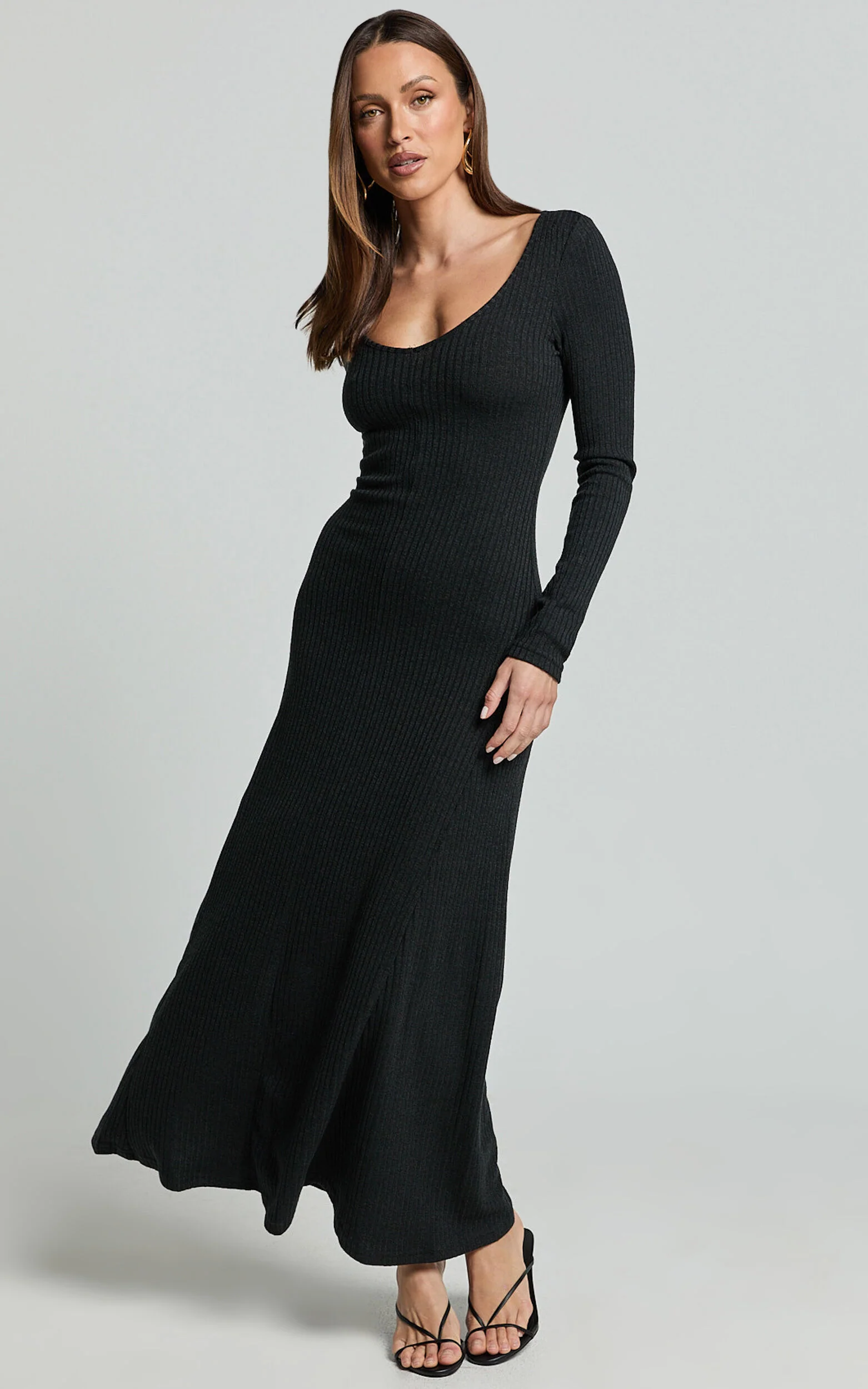 Lydia Midi Dress - V Neck Long Sleeve Knitted Dress in Black