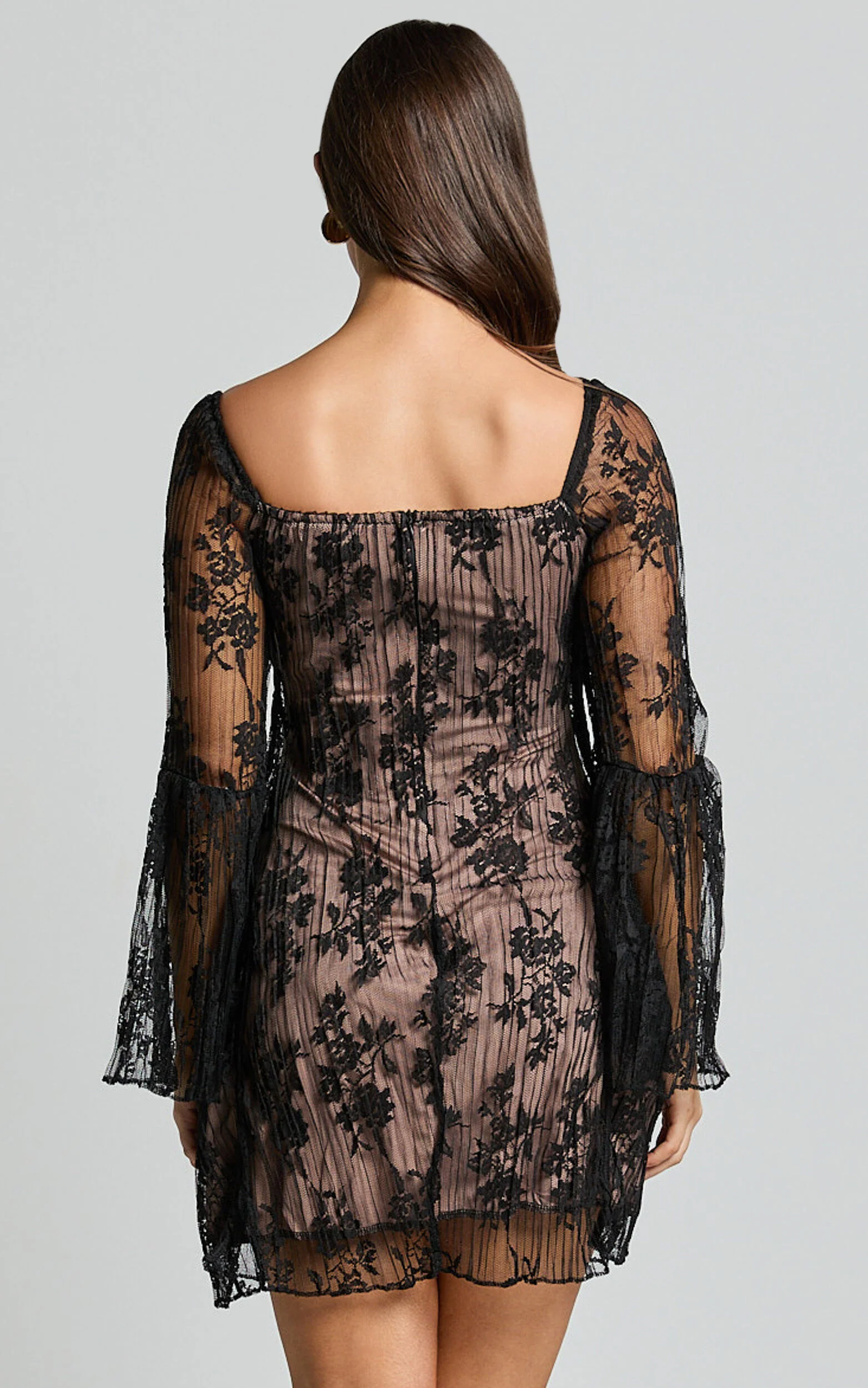 Agatha Mini Dress - Gathered Bust Long Sleeve A Line Dress in Black