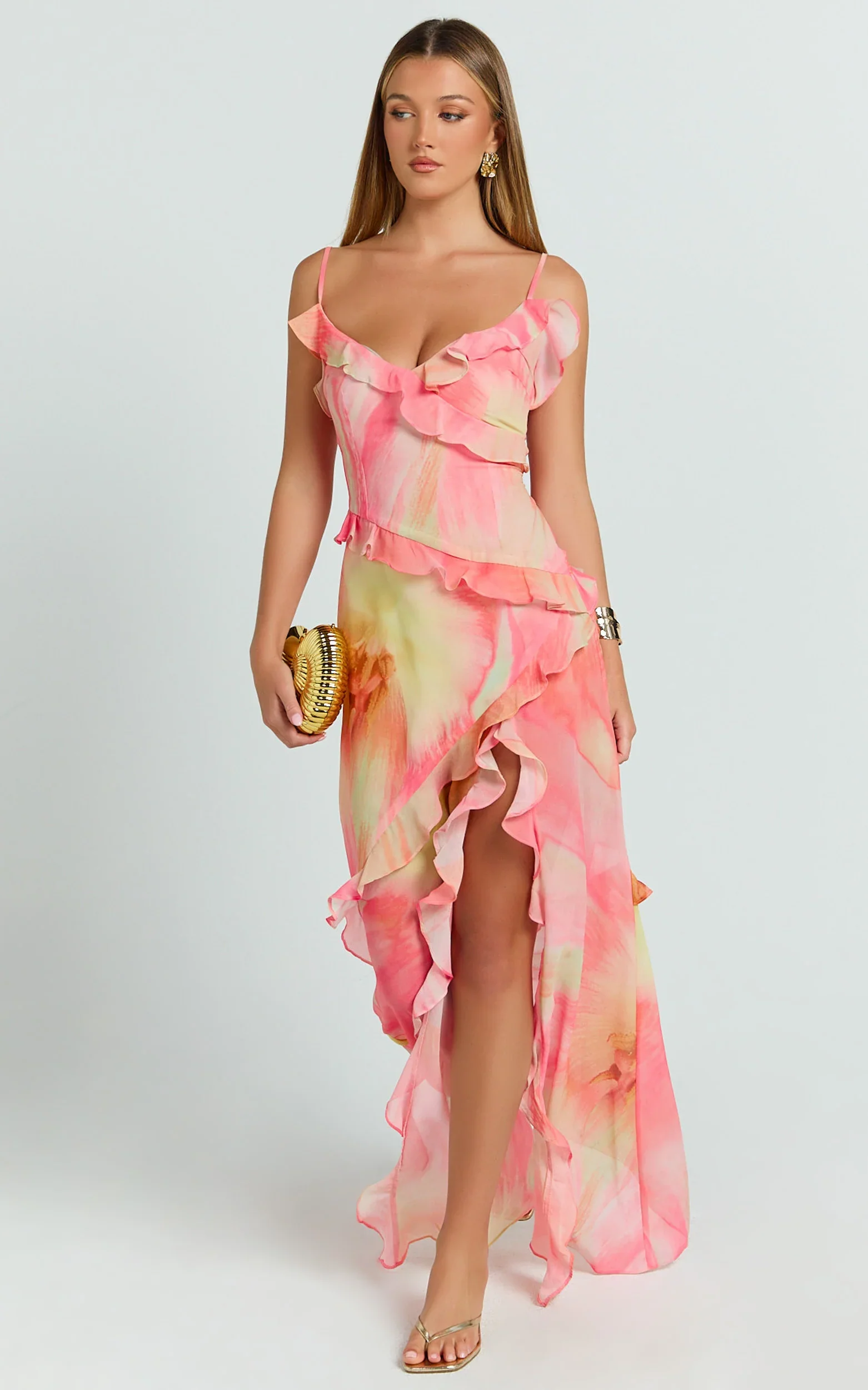 Adele Maxi Dress - Strappy V Neck Ruffle Tiered Dress in Regency Print