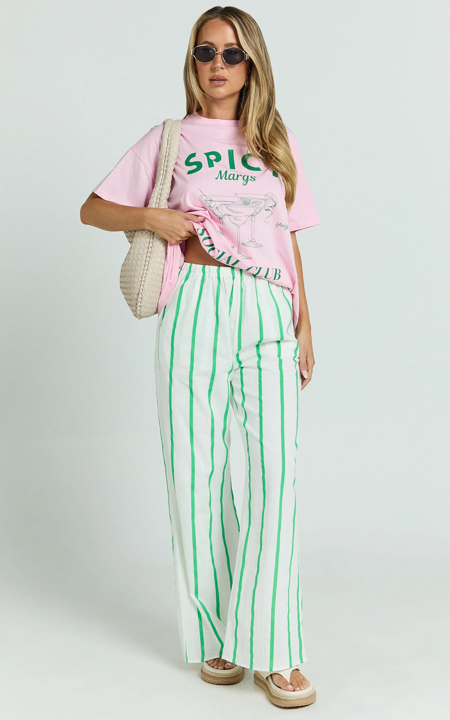 Albina Two Piece Set - Spicy Margs Club Tee and Striped Pant Set in Green