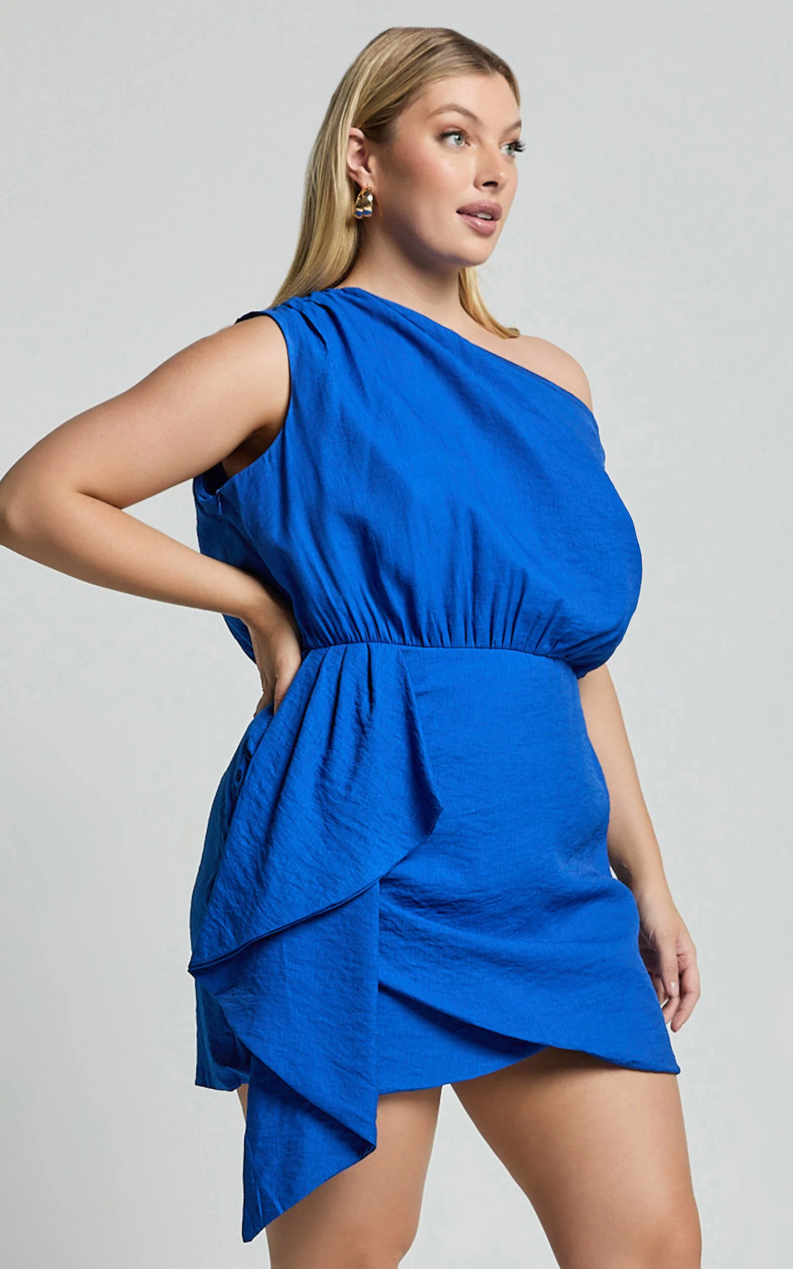 Niana Mini Dress - Drape One Shoulder Dress in Blue