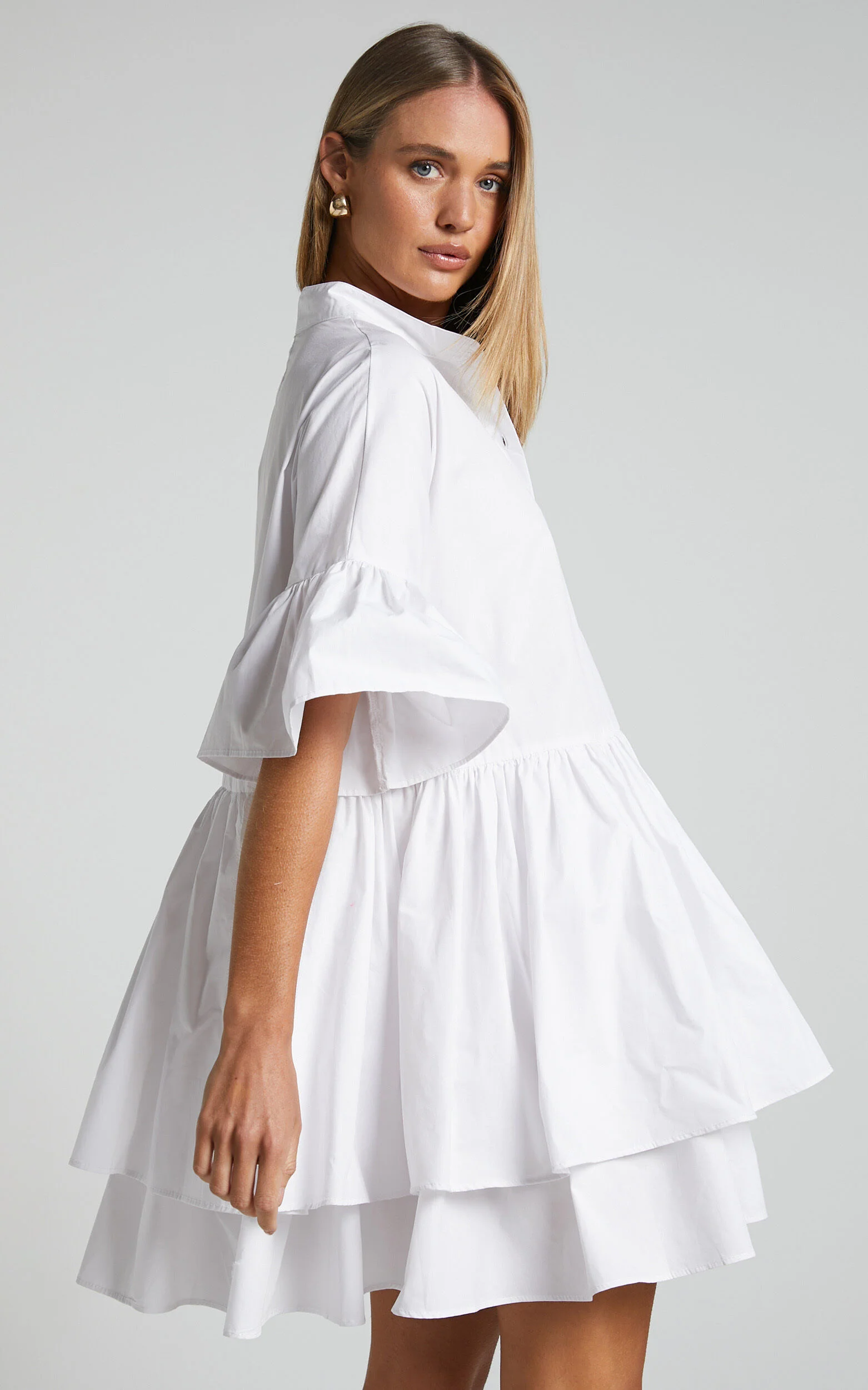 Elowen Mini Dress - Button Up Asymmetrical Tiered Smock Dress in White