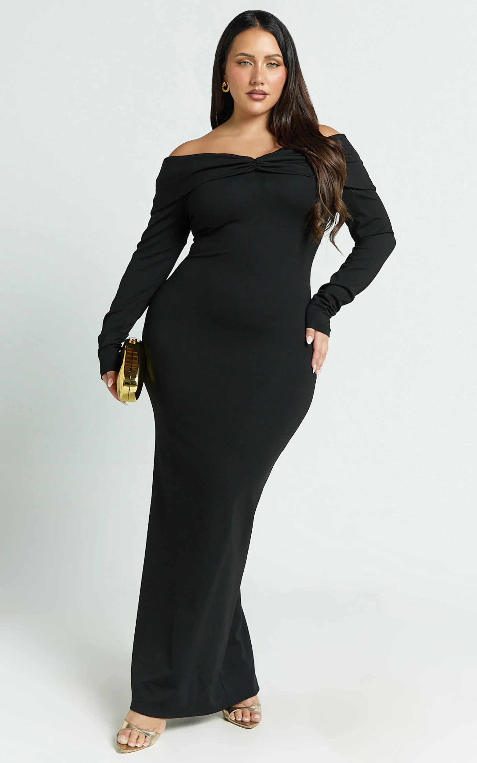 Rani Maxi Dress - Off Shoulder Long Sleeve Bodycon Dress in Black