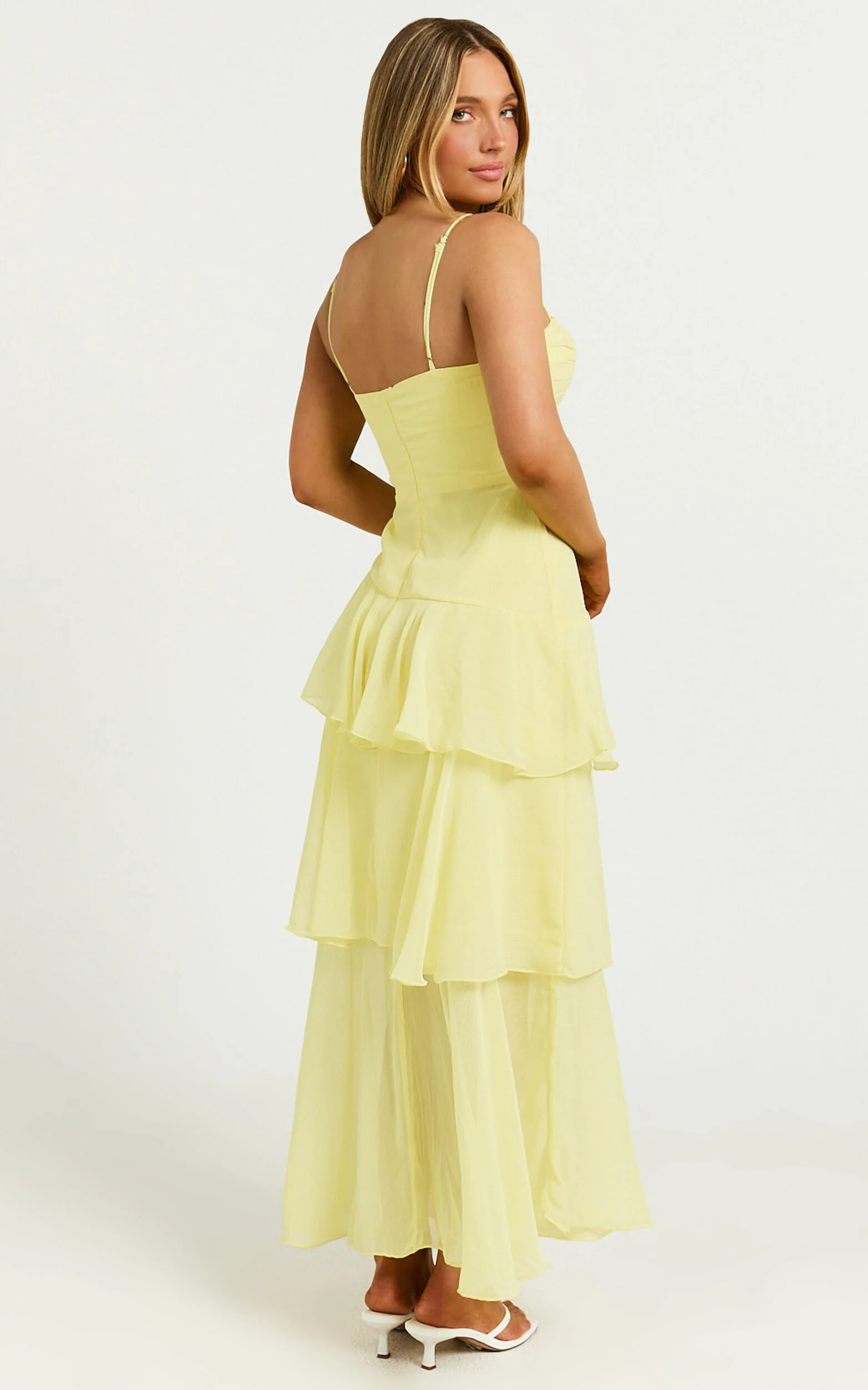 Johanna Midi Dress - Straight Neck Tiered Dress in Lemon