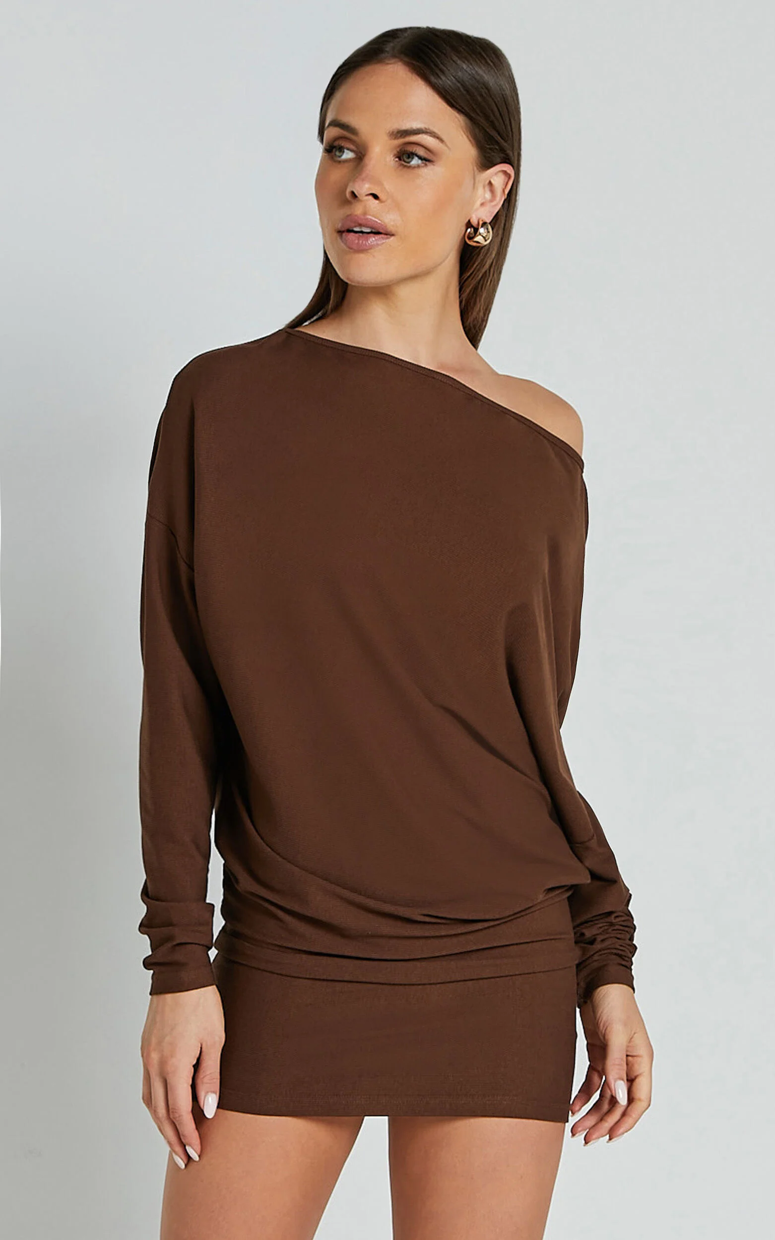 Fermina Mini Dress - Long Sleeve Bodycon Dress in Chocolate