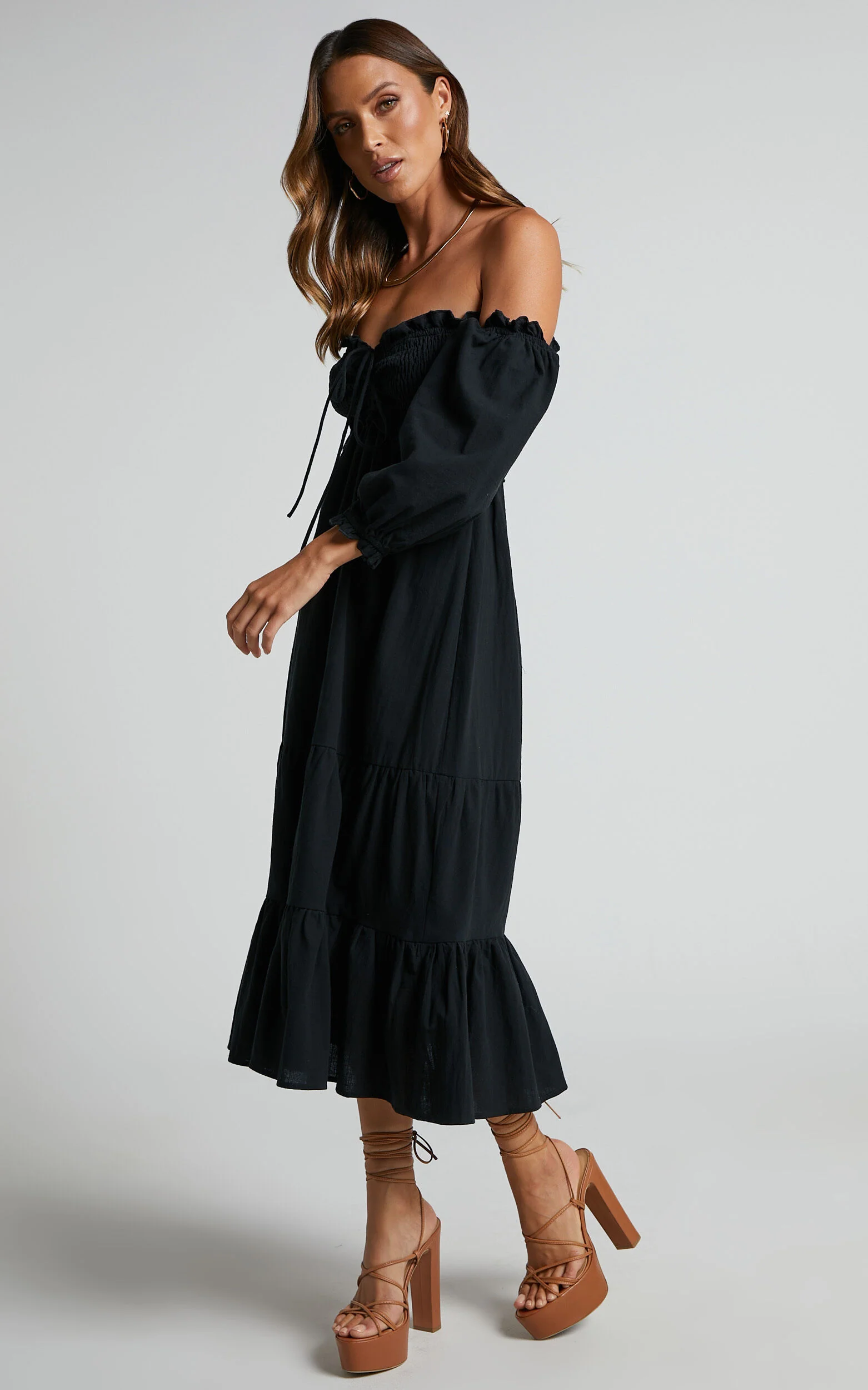 Nikka Midi Linen Dress - Shirred Off Shoulder Puff Sleeve Dress in Black