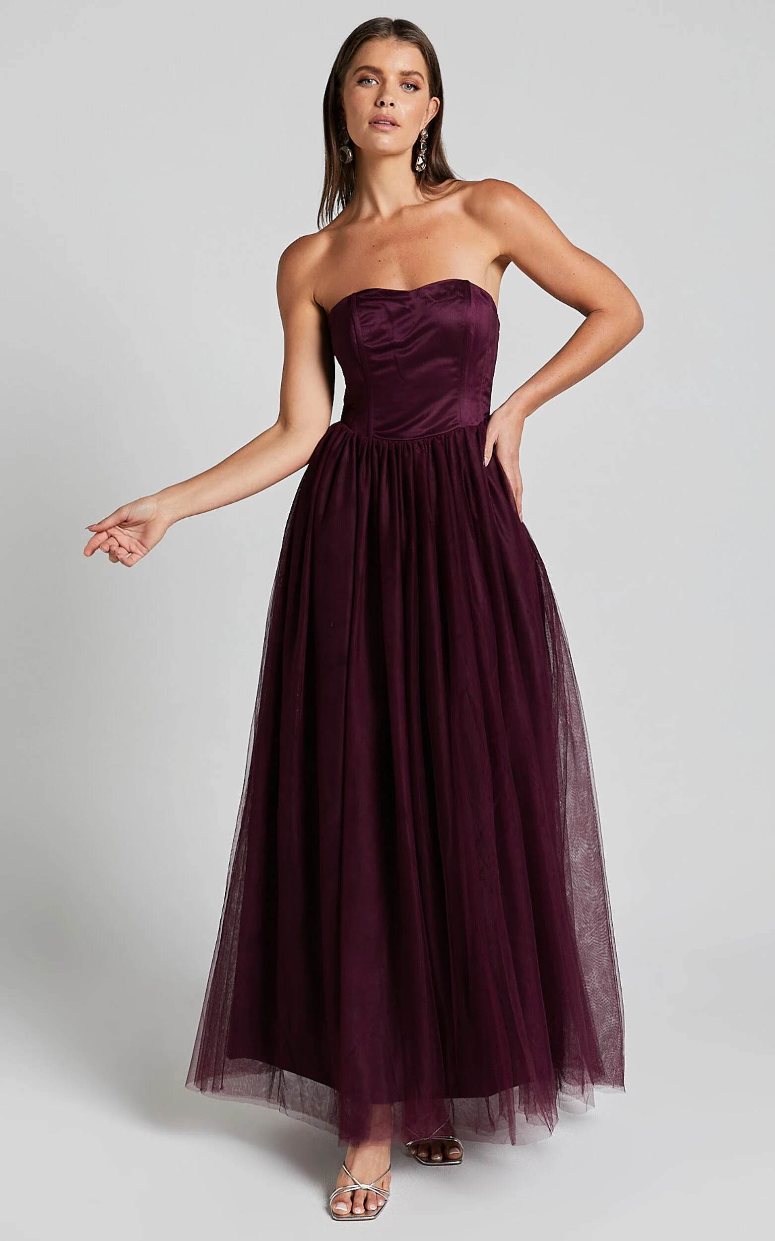 Gemma Maxi Dress - Strapless Sweetheart Tulle Fit & Flare in Aubergine