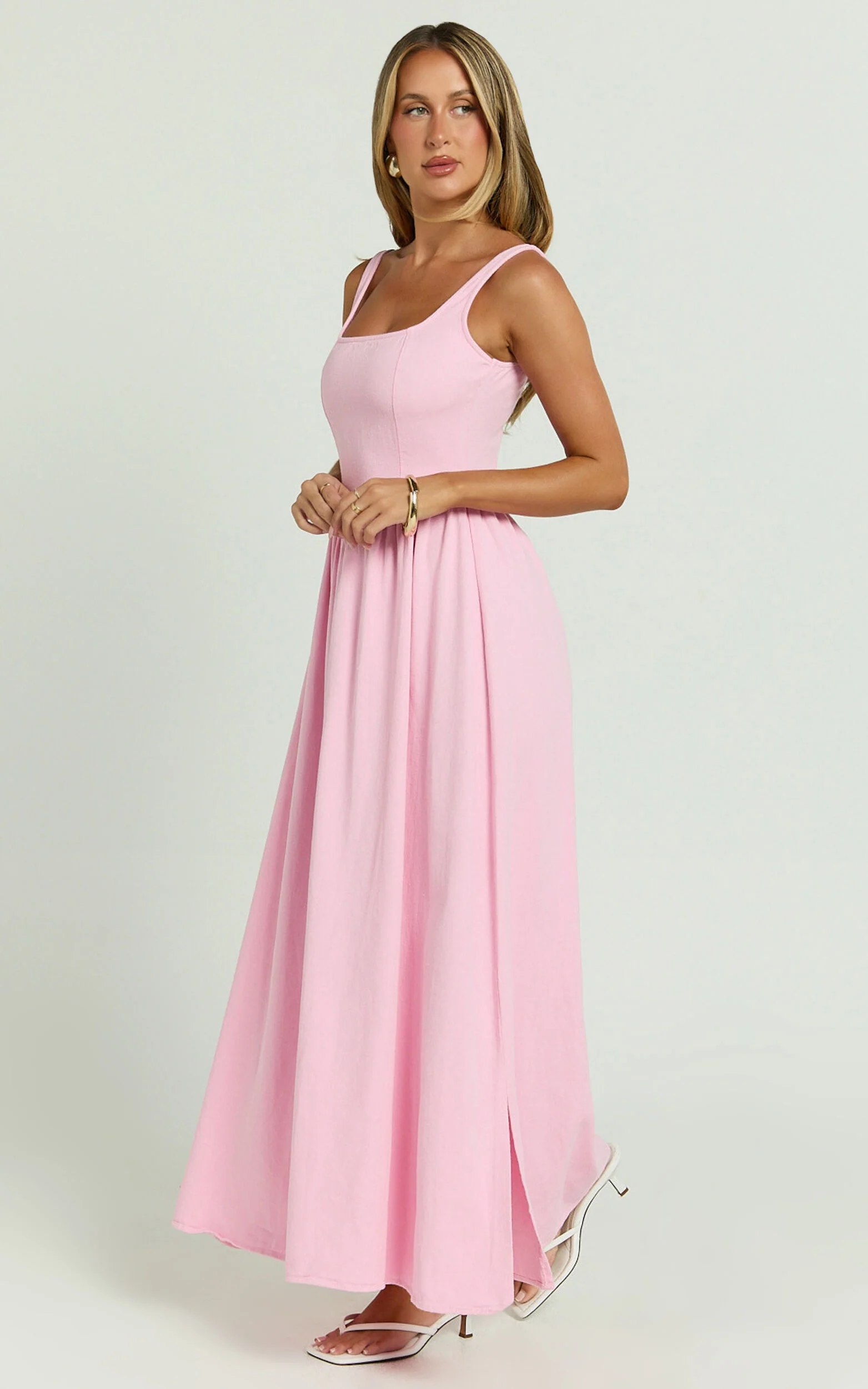 Rhaziya Midi Dress - Sleeveless Straight Neck Fit and Flare Dress in Pink