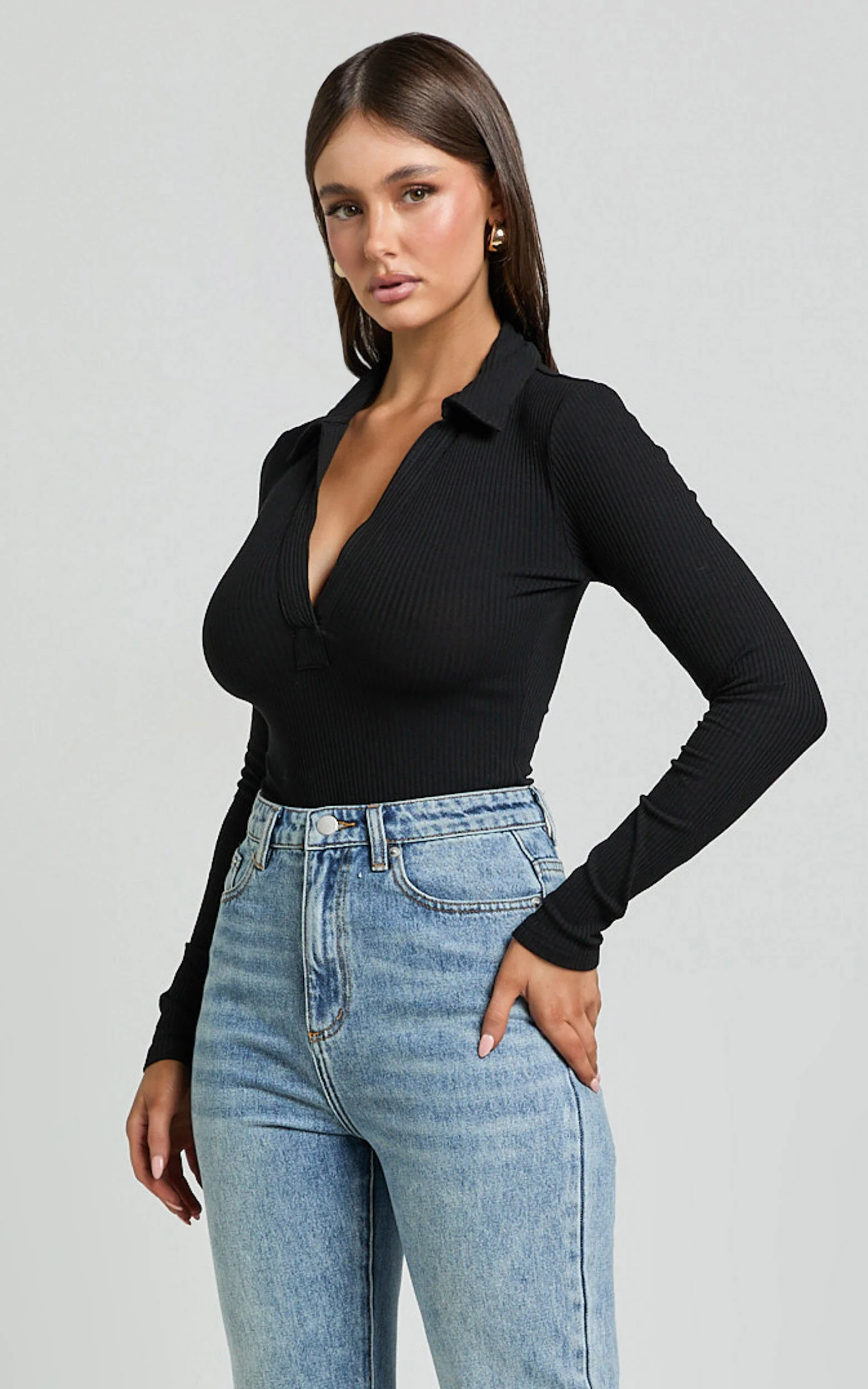 Amira Top - V Neck Long Sleeve Collared Bodysuit in Black