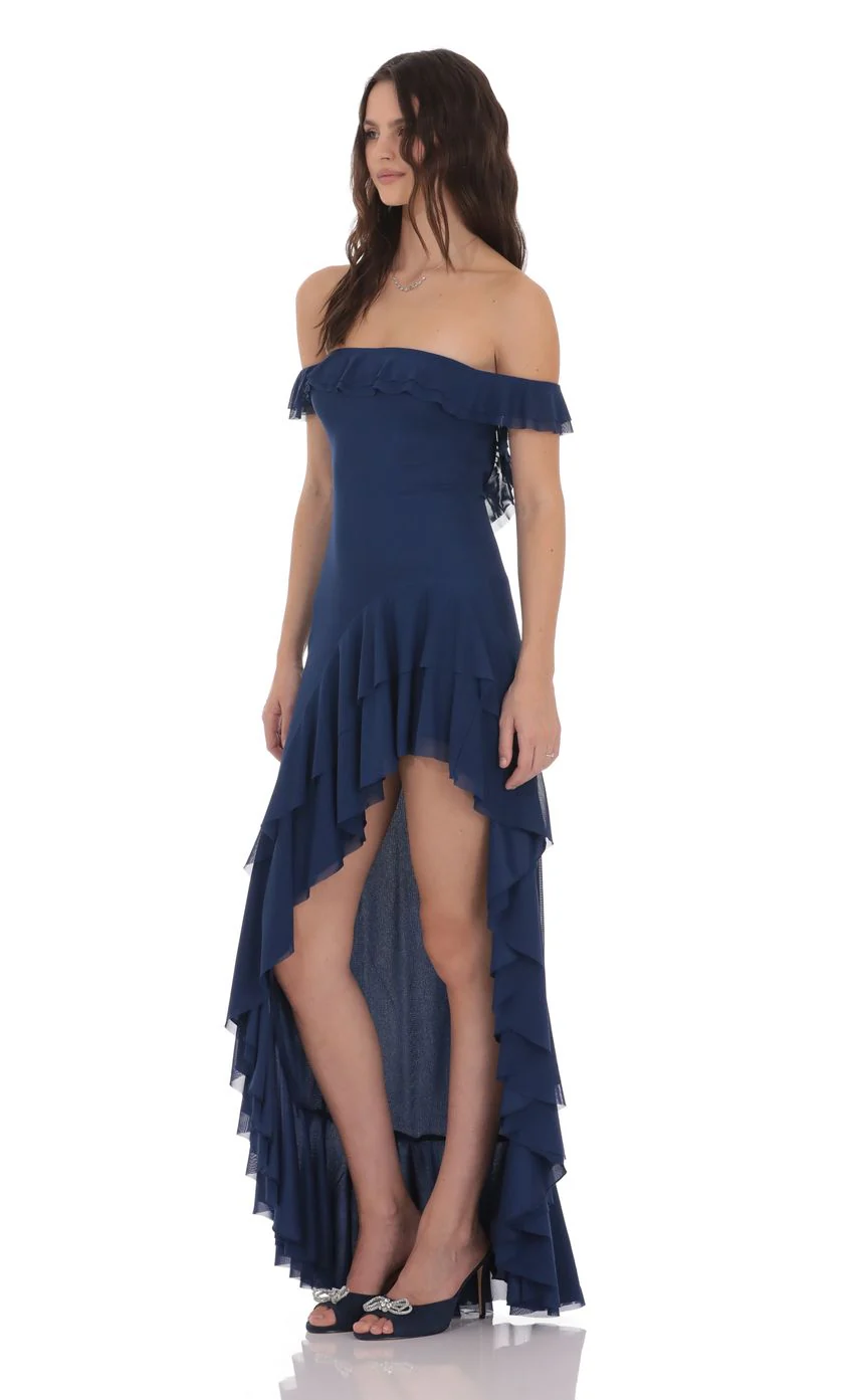 Off Shoulder Ruffle Maxi Dress in Blue
