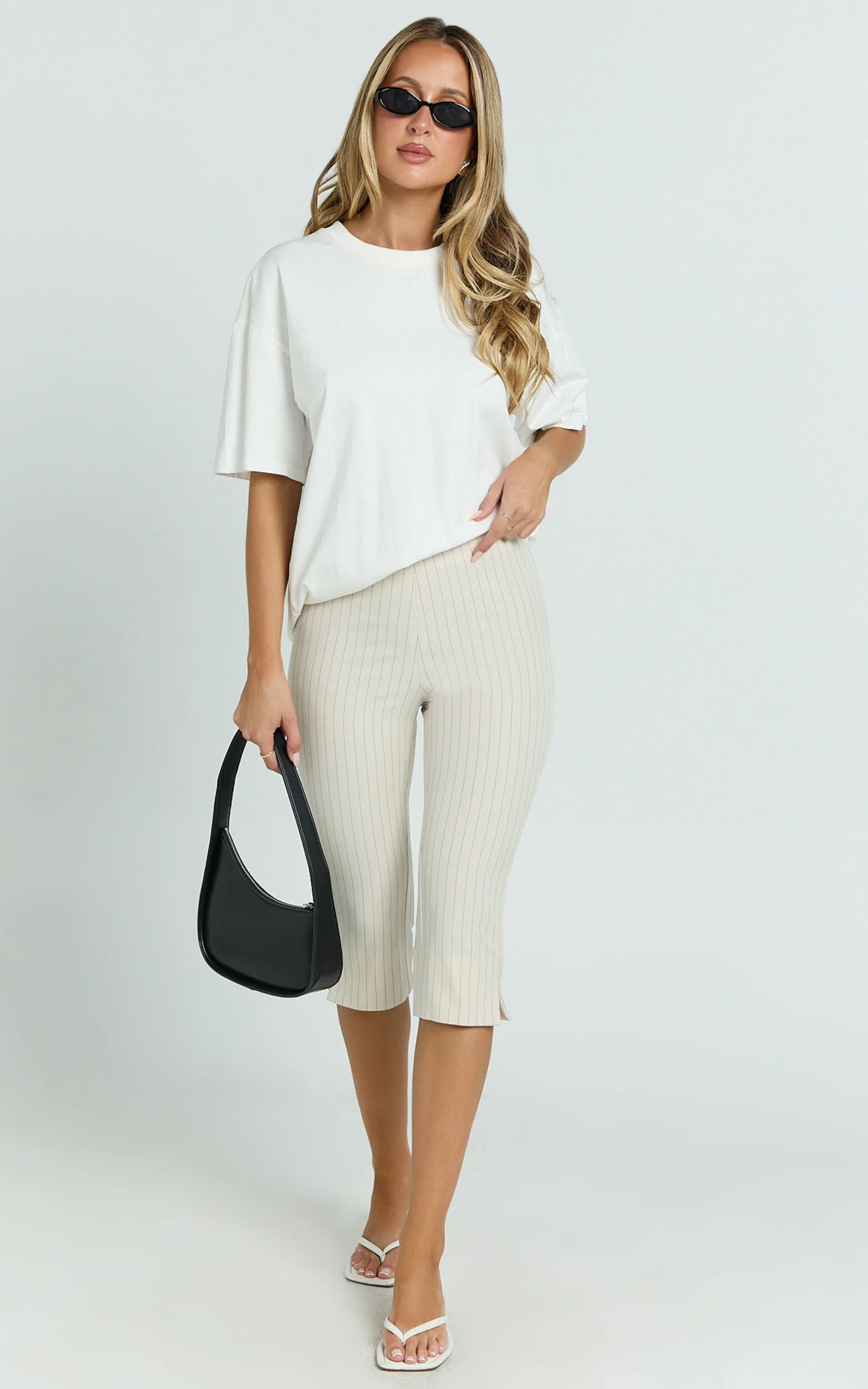 Susannah Pants - Pinstripe Fitted Split Leg Capri Pants in Cream