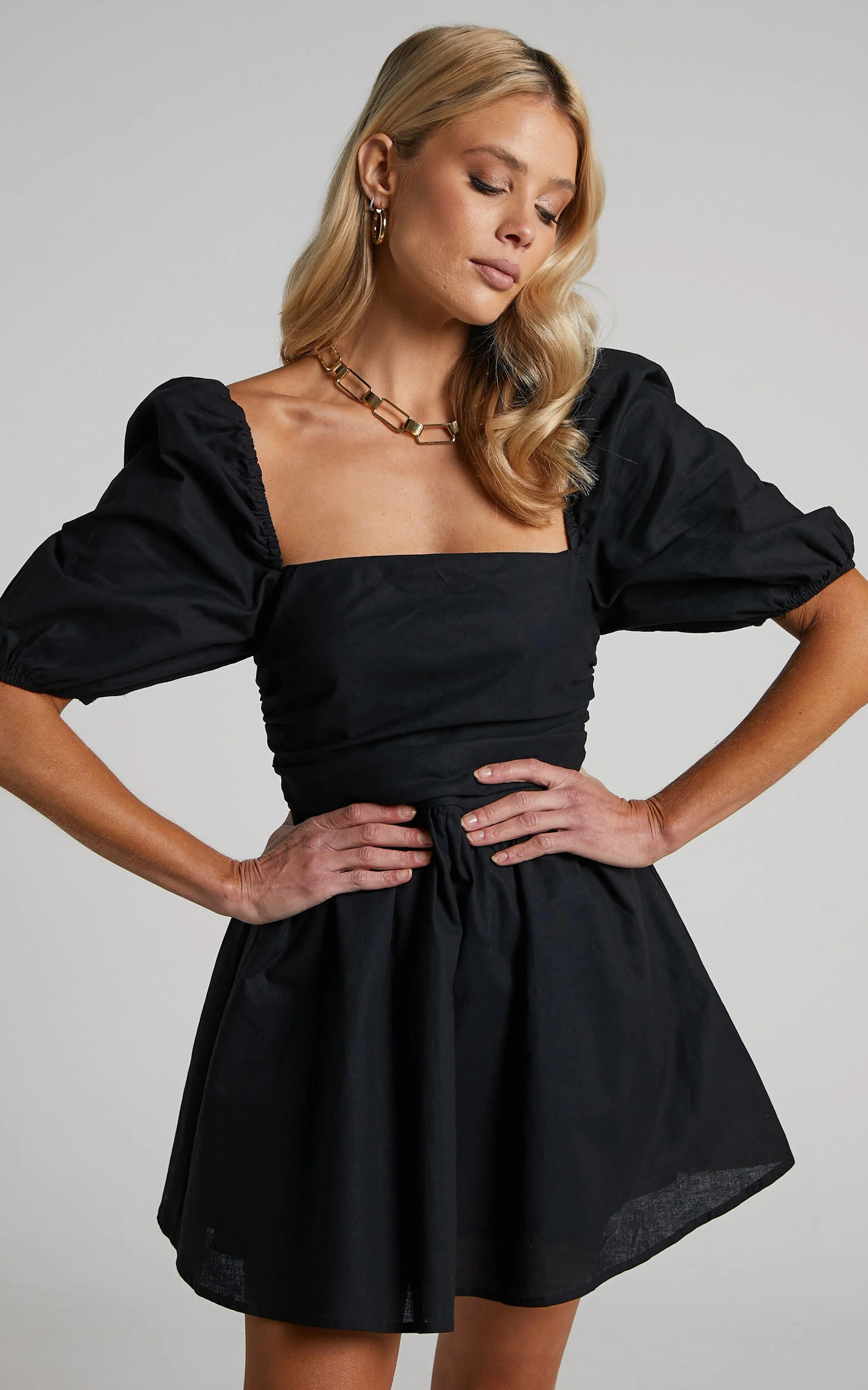 Claudina Mini Dress - Linen Look Puff Sleeve Ruched Bodice Dress in Black