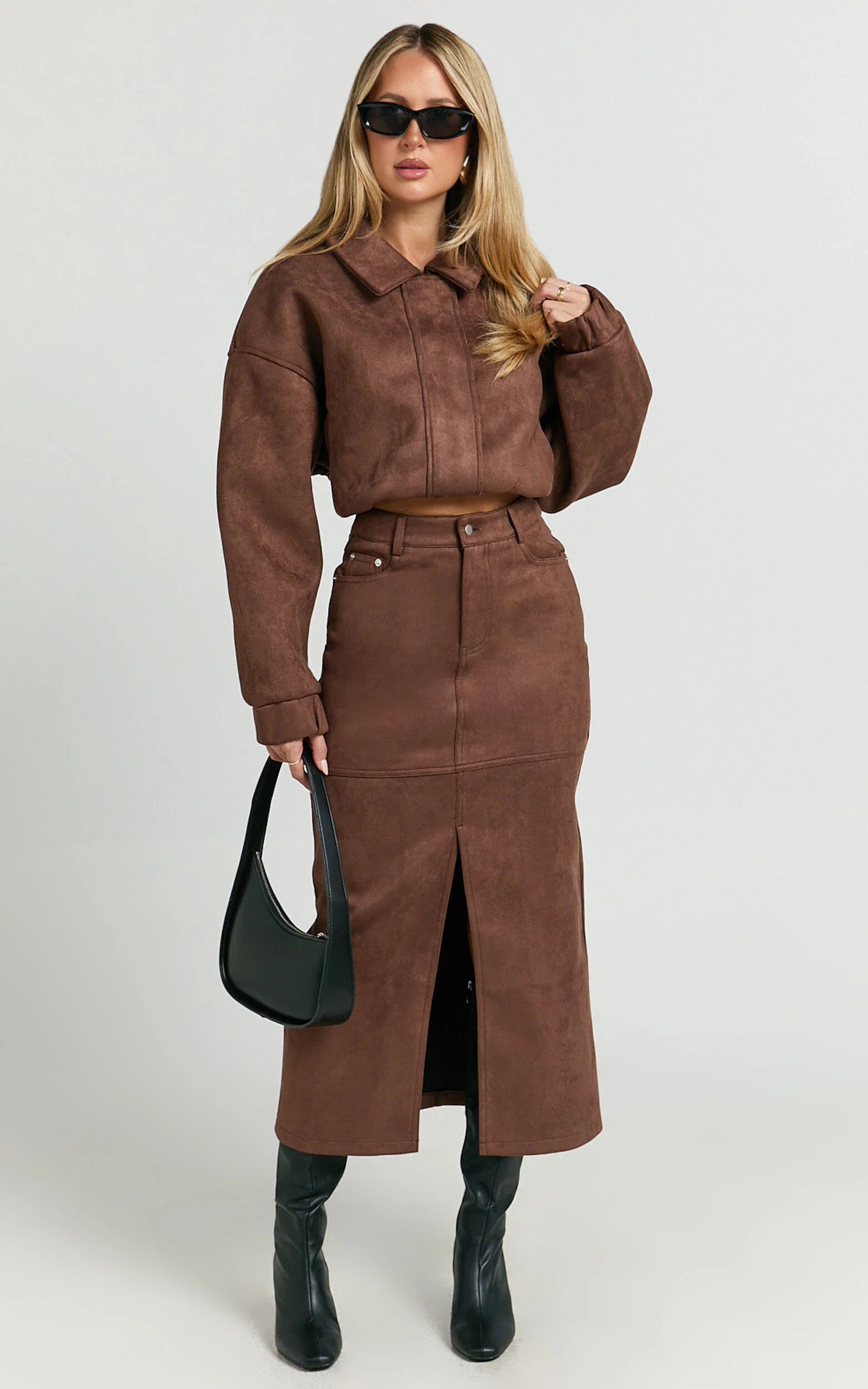 Nessa Midi Skirt - High Waisted Fitted Suede Skirt in Dark Chestnut