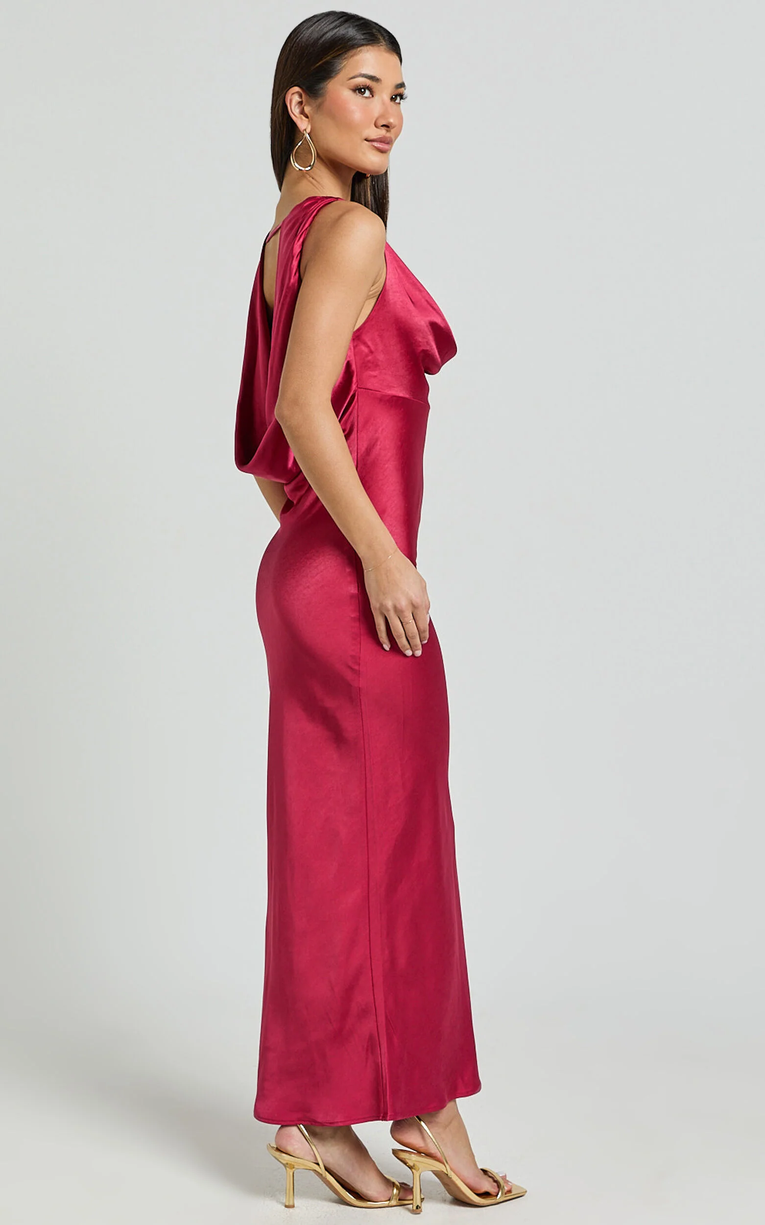 Geri Midi Dress - Cowl Neck Low Back Satin Dress in Berry