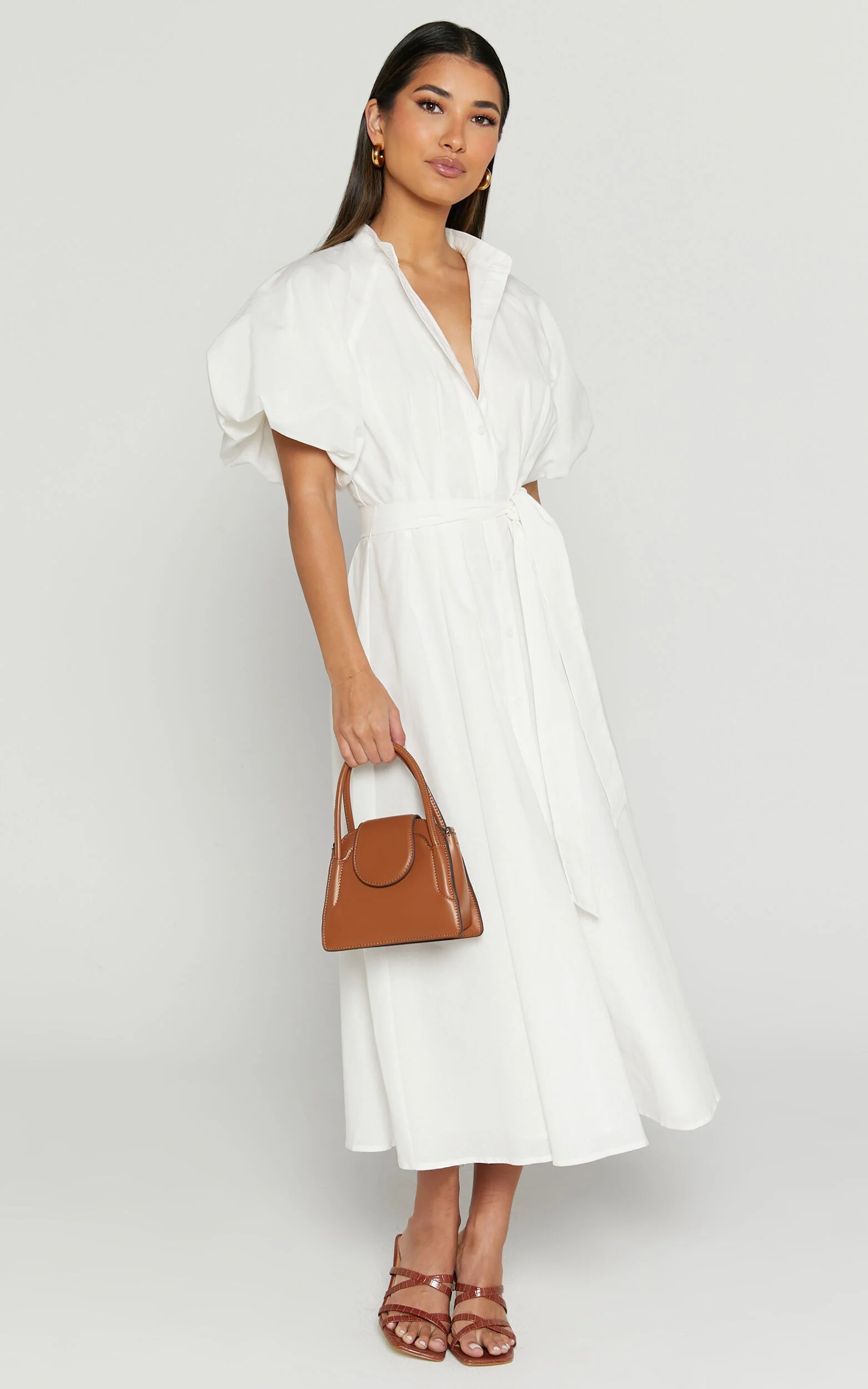 Sabrina Midi Dress - Linen Raglan Sleeve Belted Dress in White