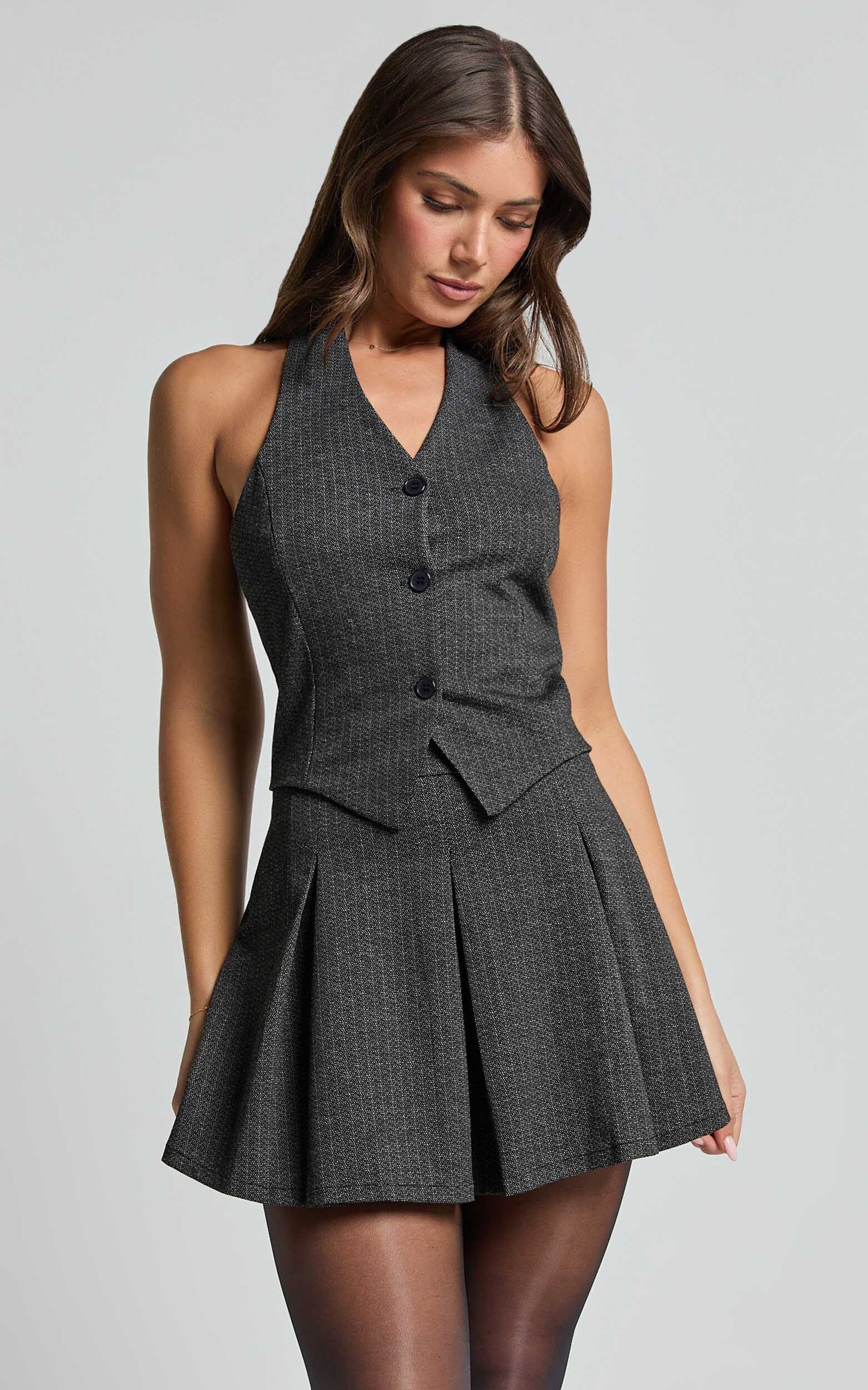 Camille Mini Dress - Halter Neck Vest and Pleated Skirt Mini Dress in Charcoal Pinstripe