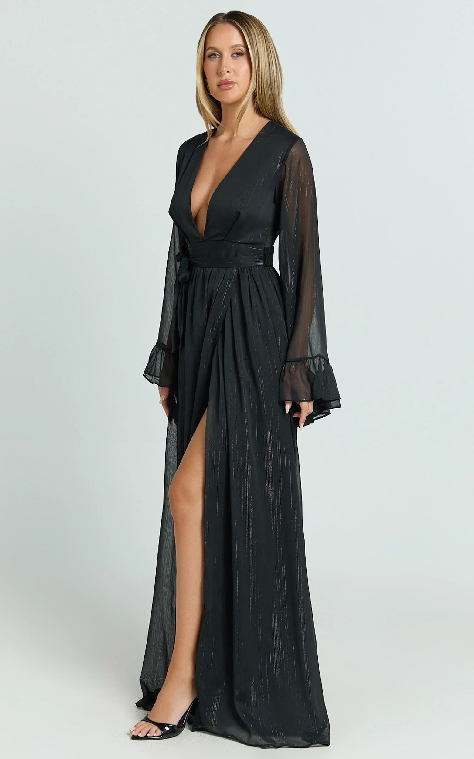Dangerous Woman Maxi Dress - Plunge Thigh Split Dress in Black