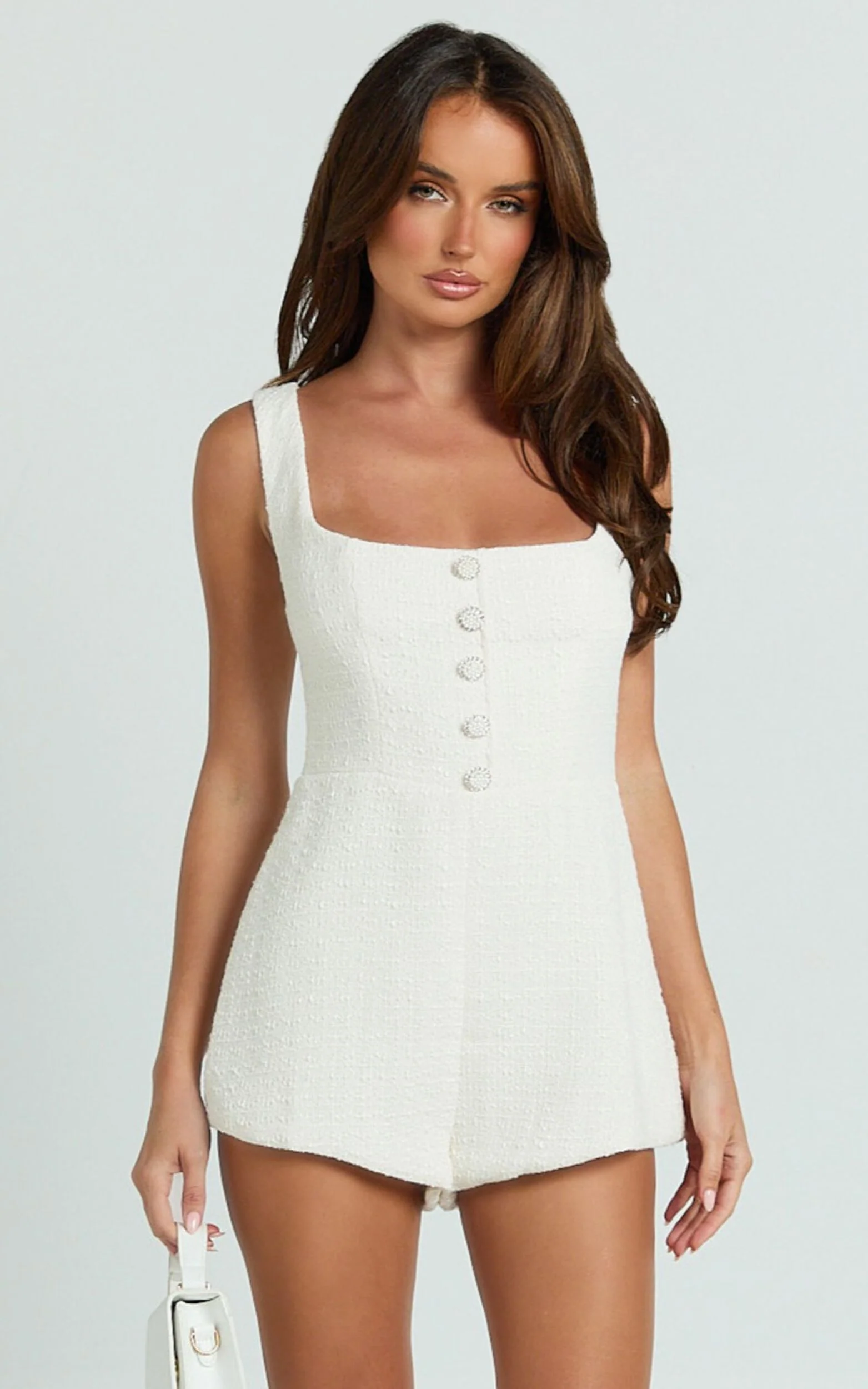 Brylee Playsuit - Scoop Neck Boucle Button Down Playsuit in Cream