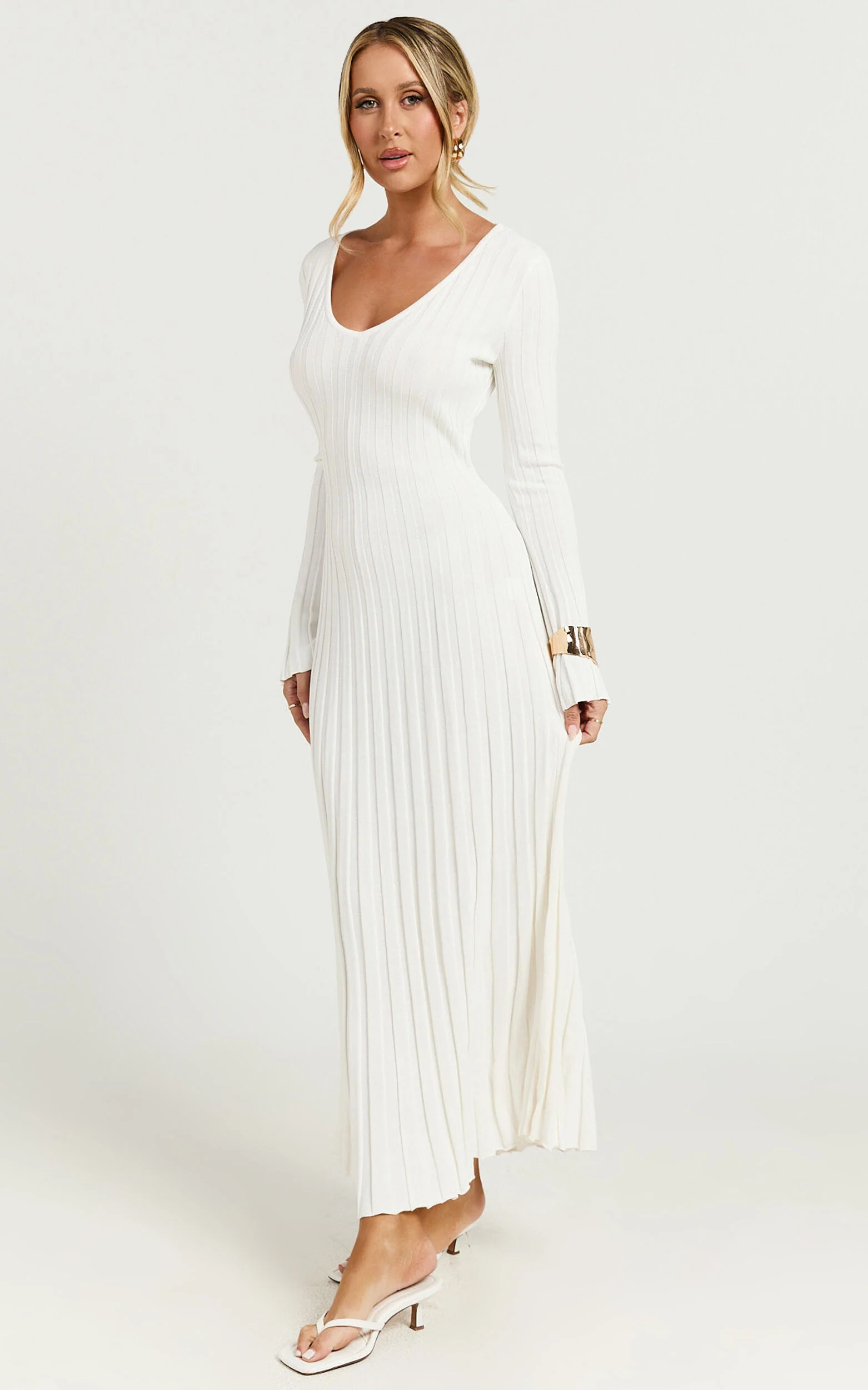 Astra Midi Dress - V Neck Long Sleeve Knit Dress in White