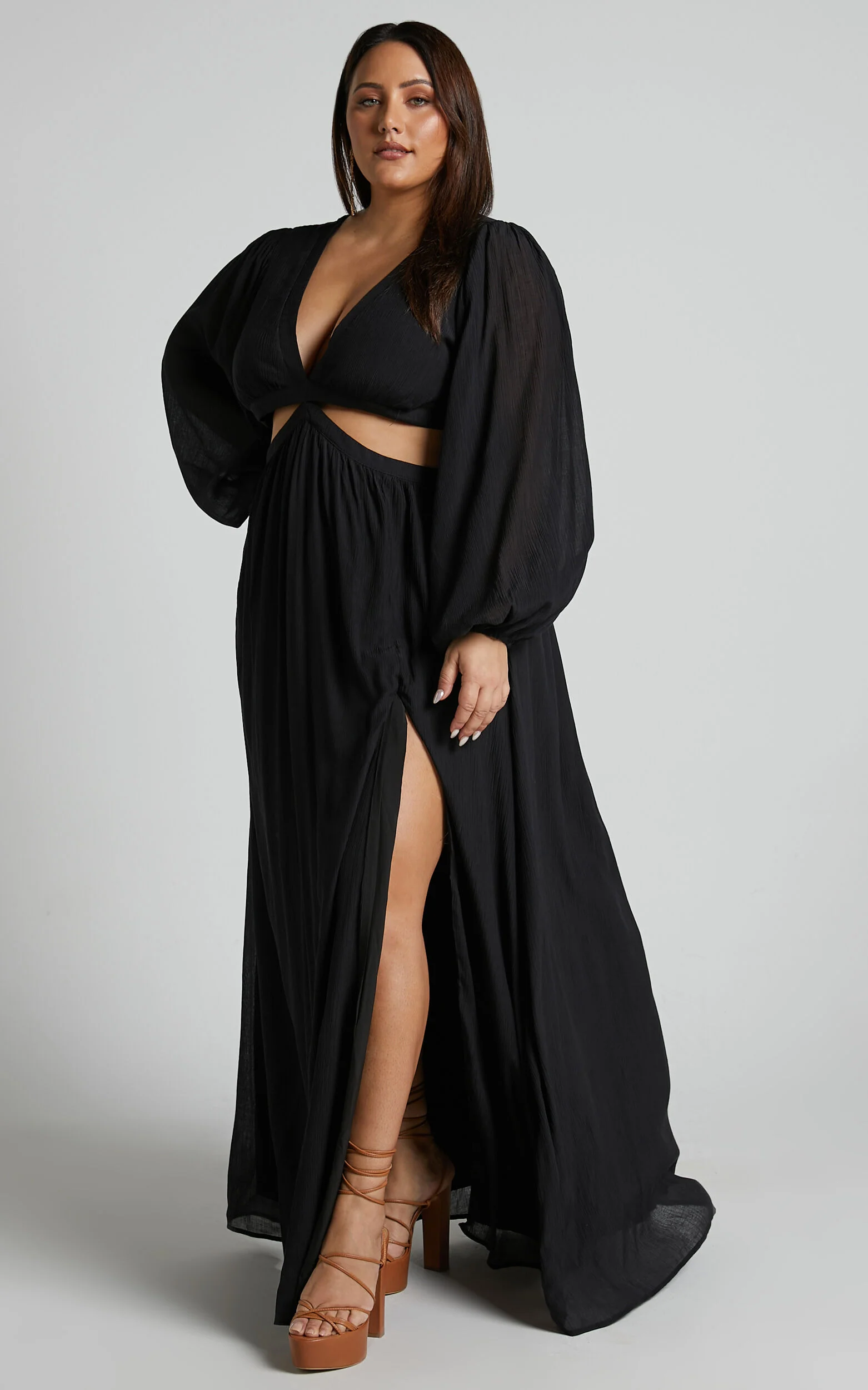Paige Maxi Dress - Side Cut Out Balloon Sleeve Dress in Black