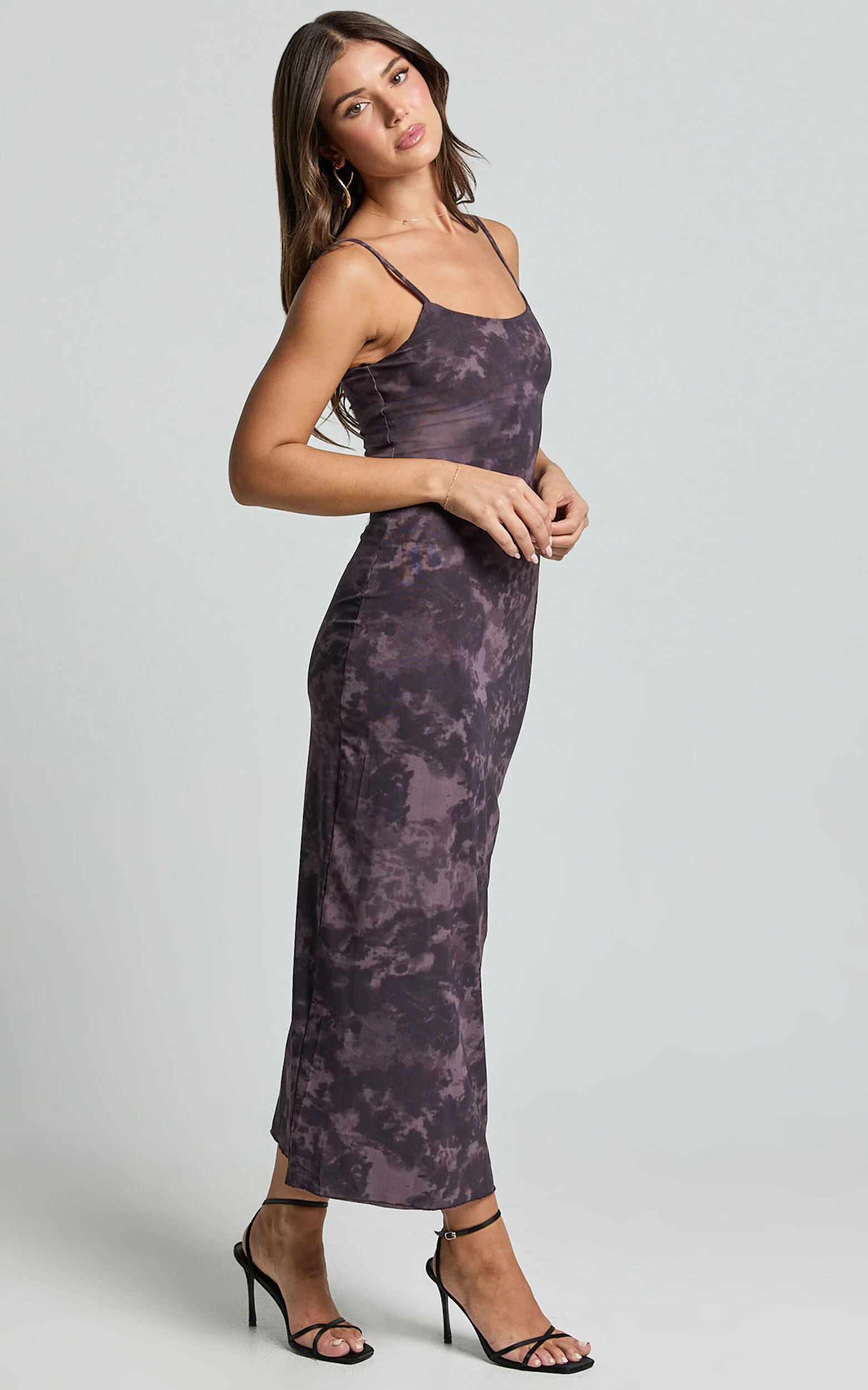 Teagan Midi Dress - Strappy Mesh Slip Dress in Plum
