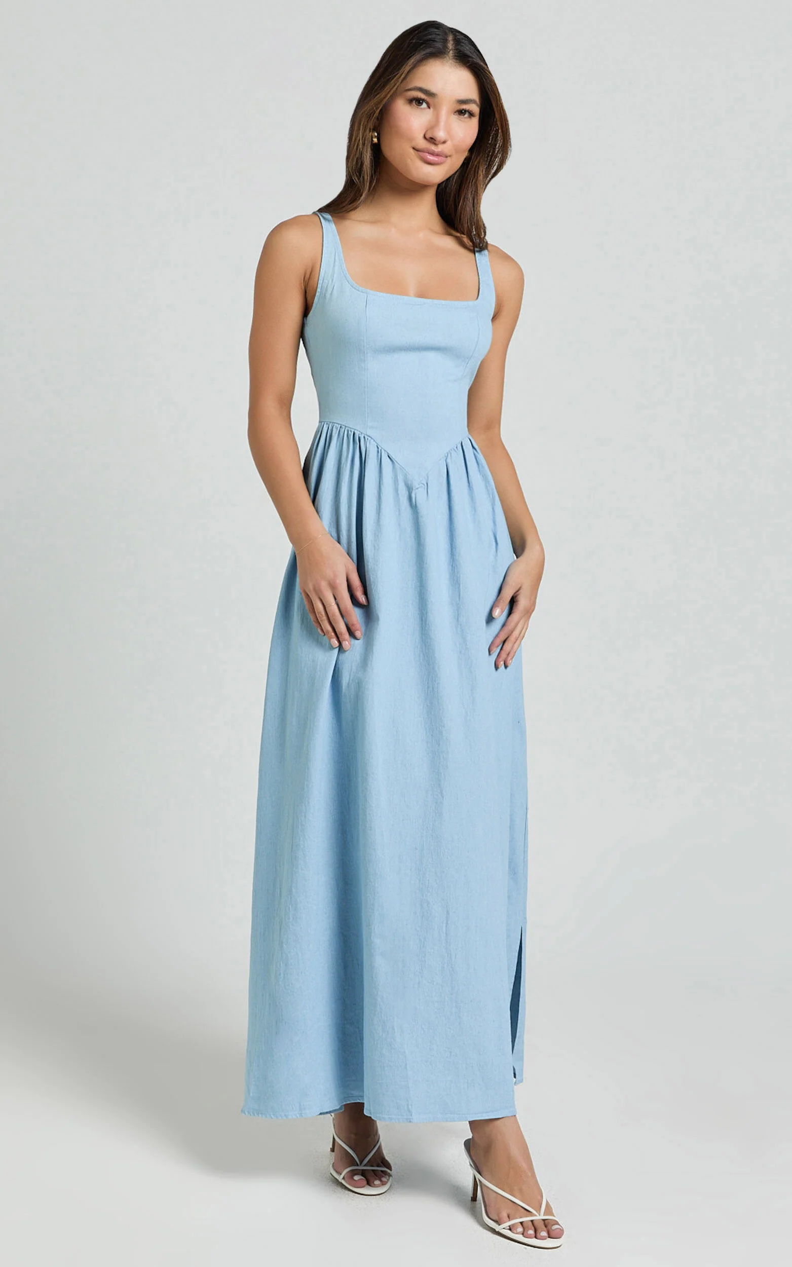 Rhaziya Midi Dress - Sleeveless Straight Neck Fit and Flare Dress in Blue